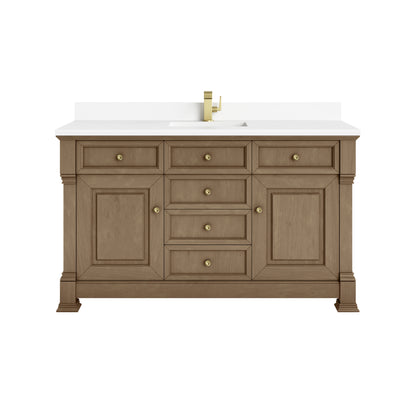 James Martin Vanities Brookfield 60" Pecan Single Vanity With Single Hole 3cm White Zeus Silestone Top and Backsplash