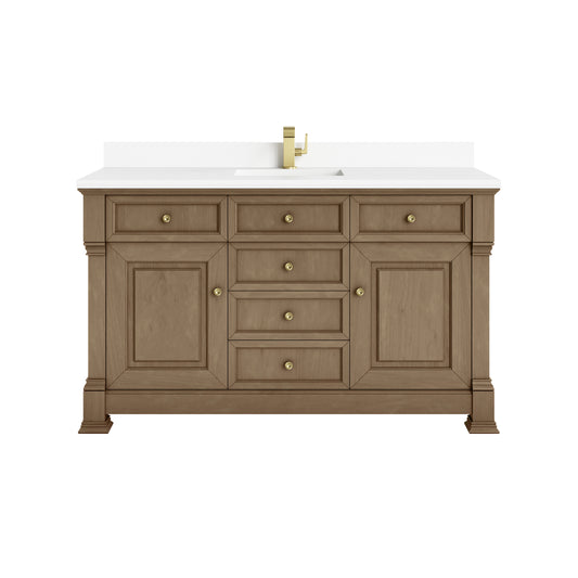 James Martin Vanities Brookfield 60" Pecan Single Vanity With Single Hole 3cm White Zeus Silestone Top and Backsplash