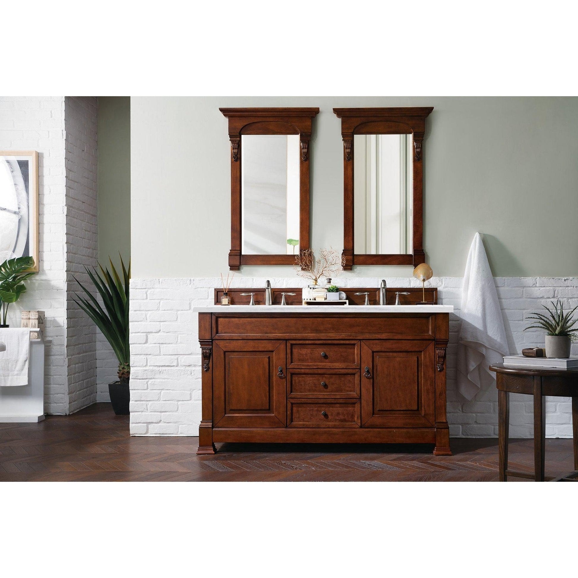 James Martin Vanities Brookfield 60" Warm Cherry Double Vanity With 3cm Arctic Fall Solid Surface Top