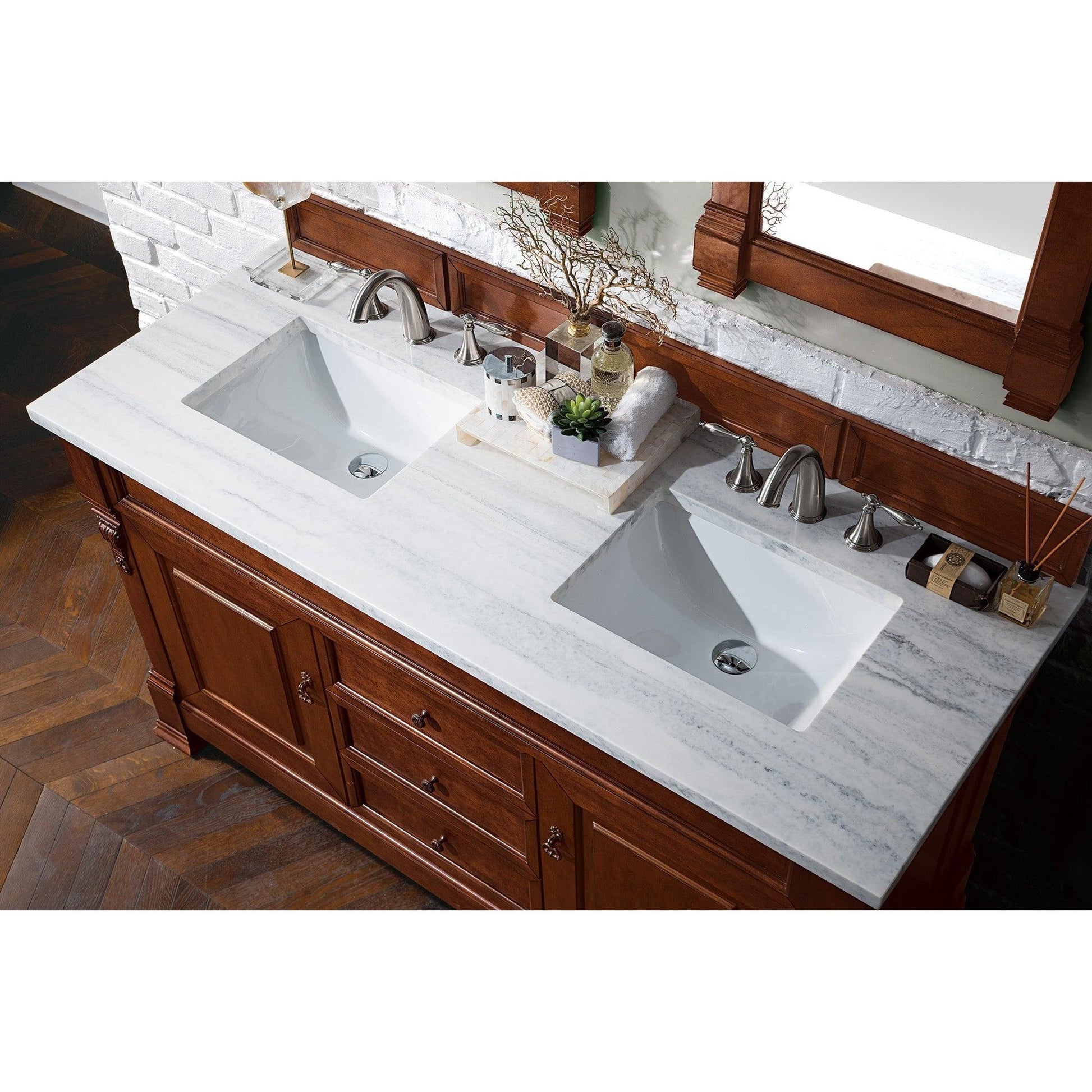 James Martin Vanities Brookfield 60" Warm Cherry Double Vanity With 3cm Arctic Fall Solid Surface Top
