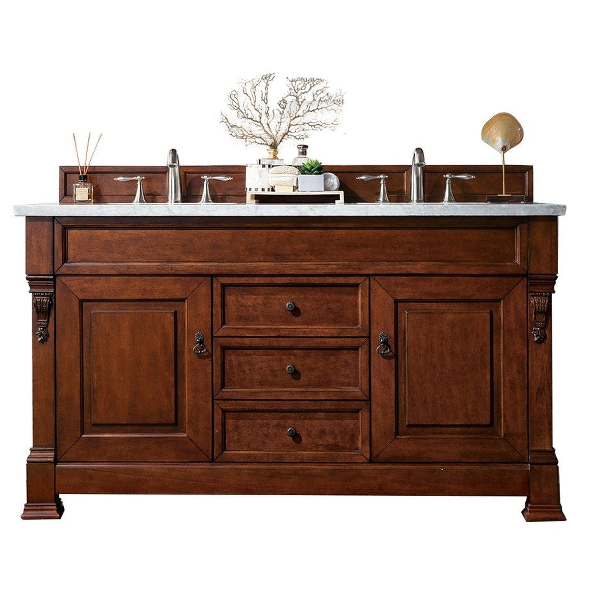 James Martin Vanities Brookfield 60" Warm Cherry Double Vanity With 3cm Arctic Fall Solid Surface Top