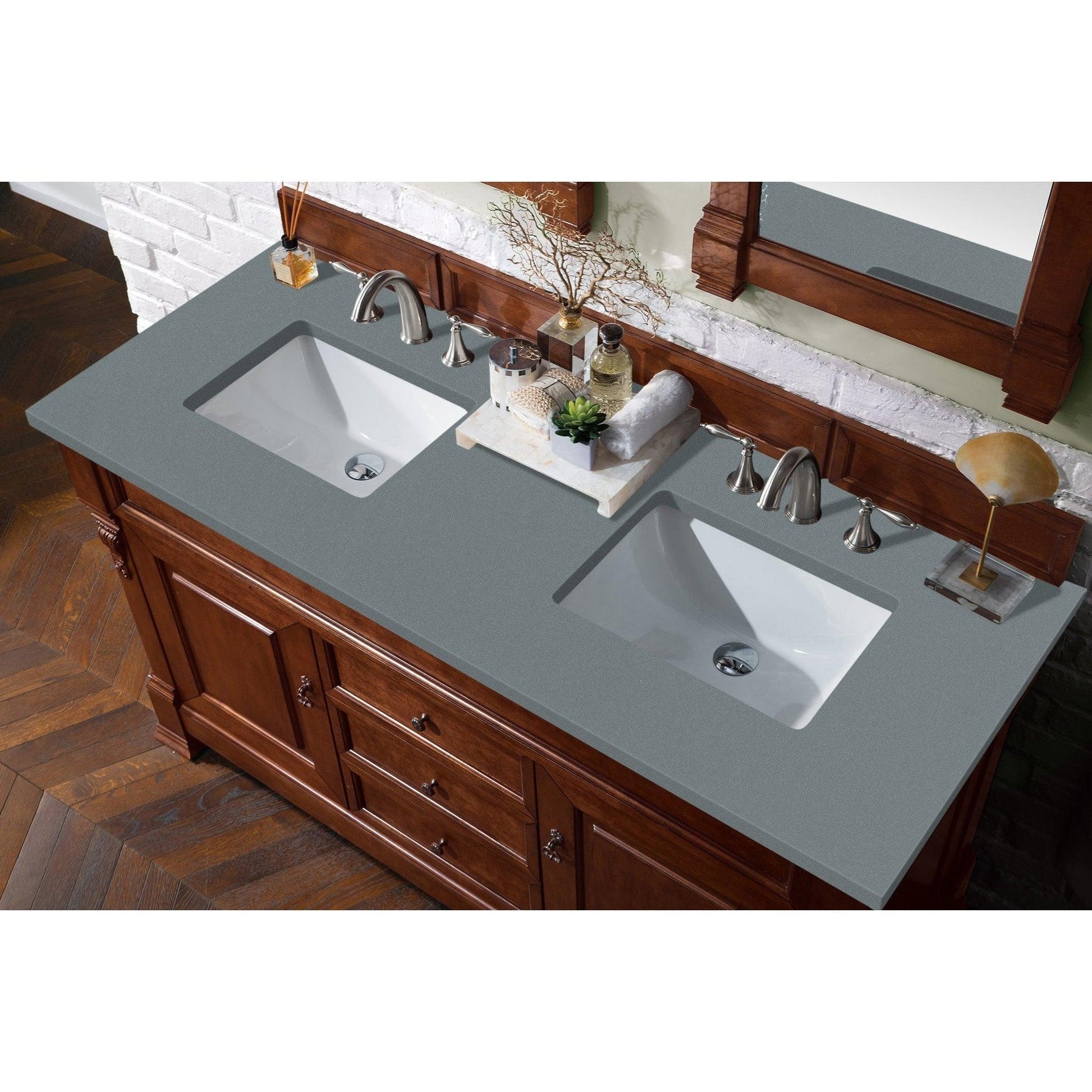 James Martin Vanities Brookfield 60" Warm Cherry Double Vanity With 3cm Cala Blue Quartz Top