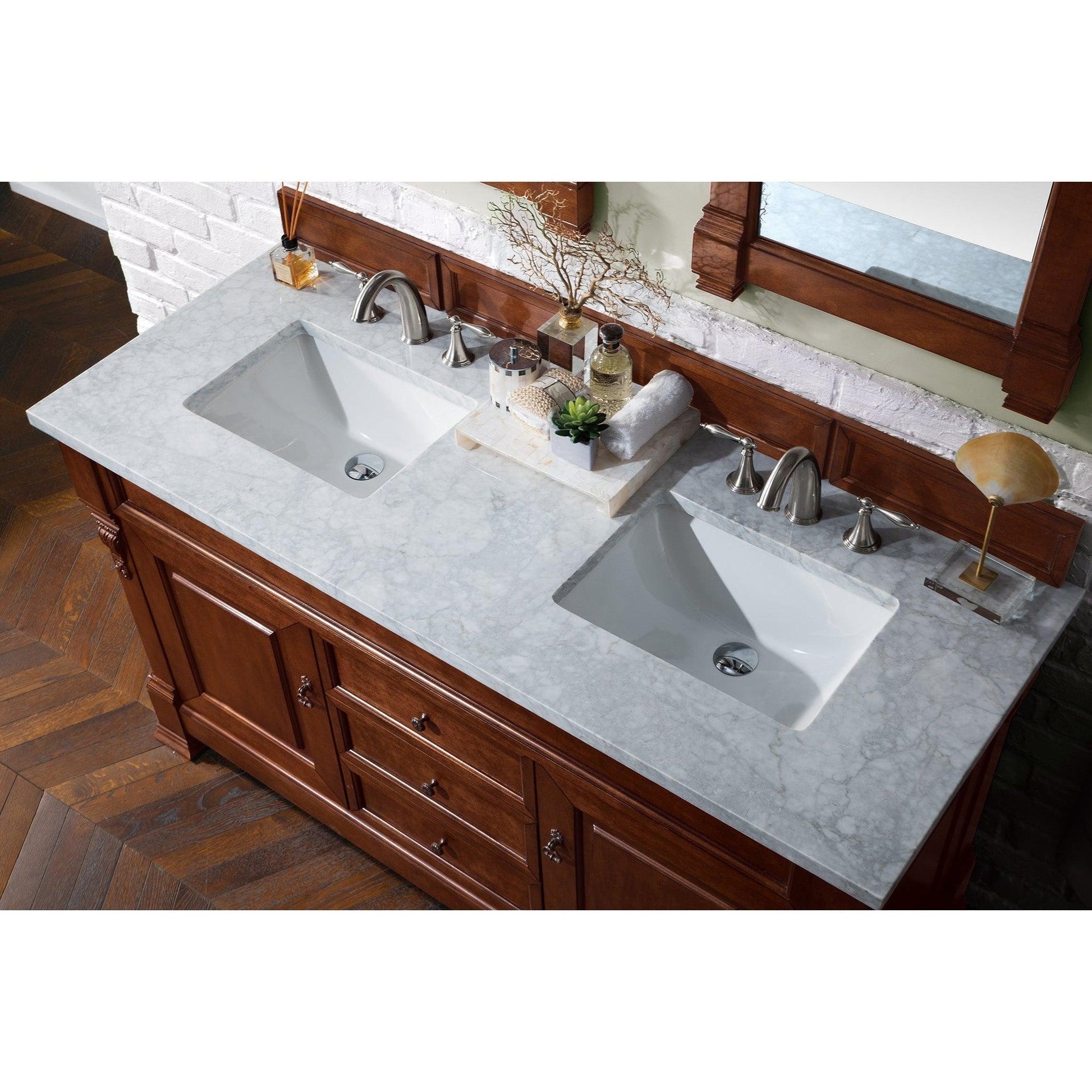 James Martin Vanities Brookfield 60" Warm Cherry Double Vanity With 3cm Carrara Marble Top