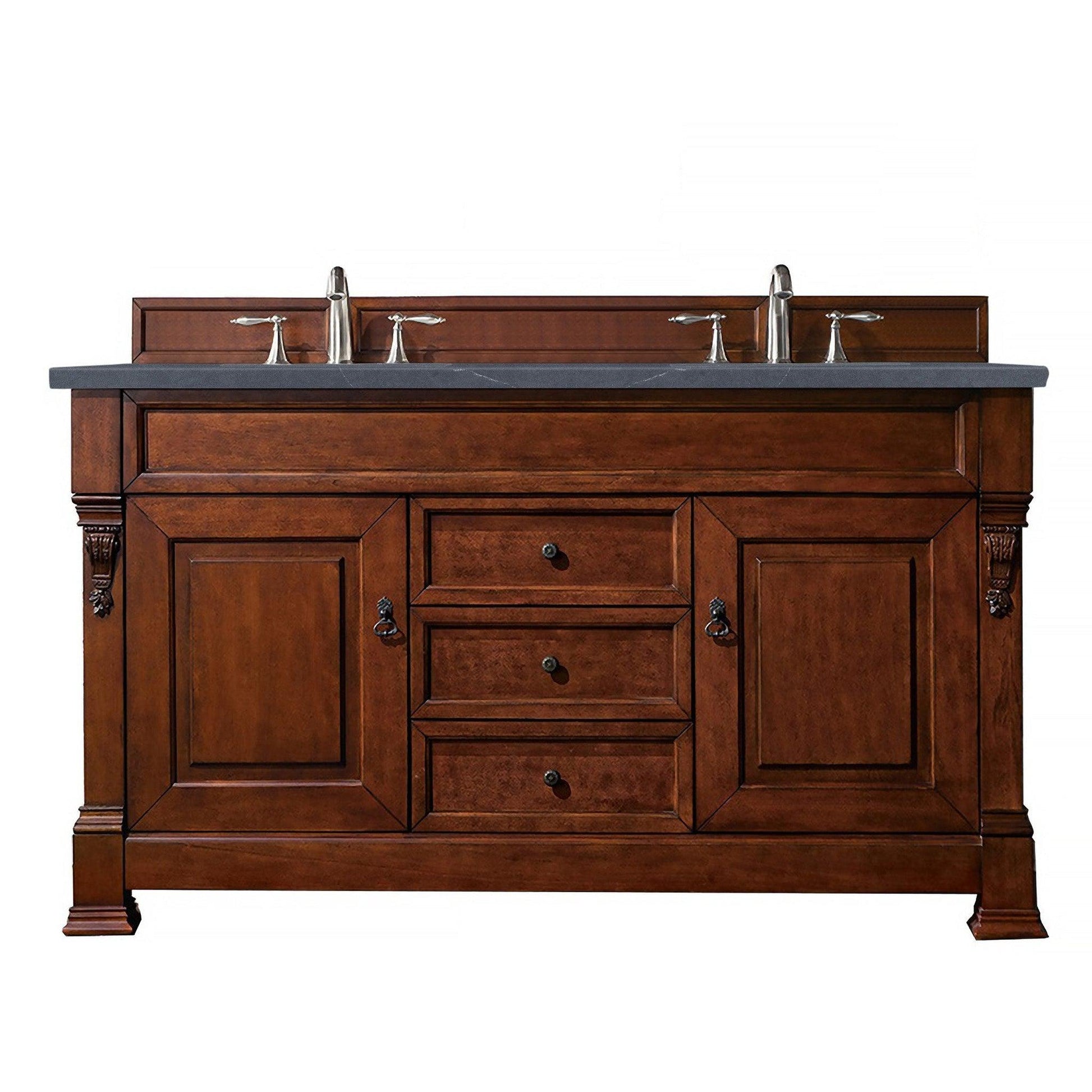 James Martin Vanities Brookfield 60" Warm Cherry Double Vanity With 3cm Charcoal Soapstone Quartz Top