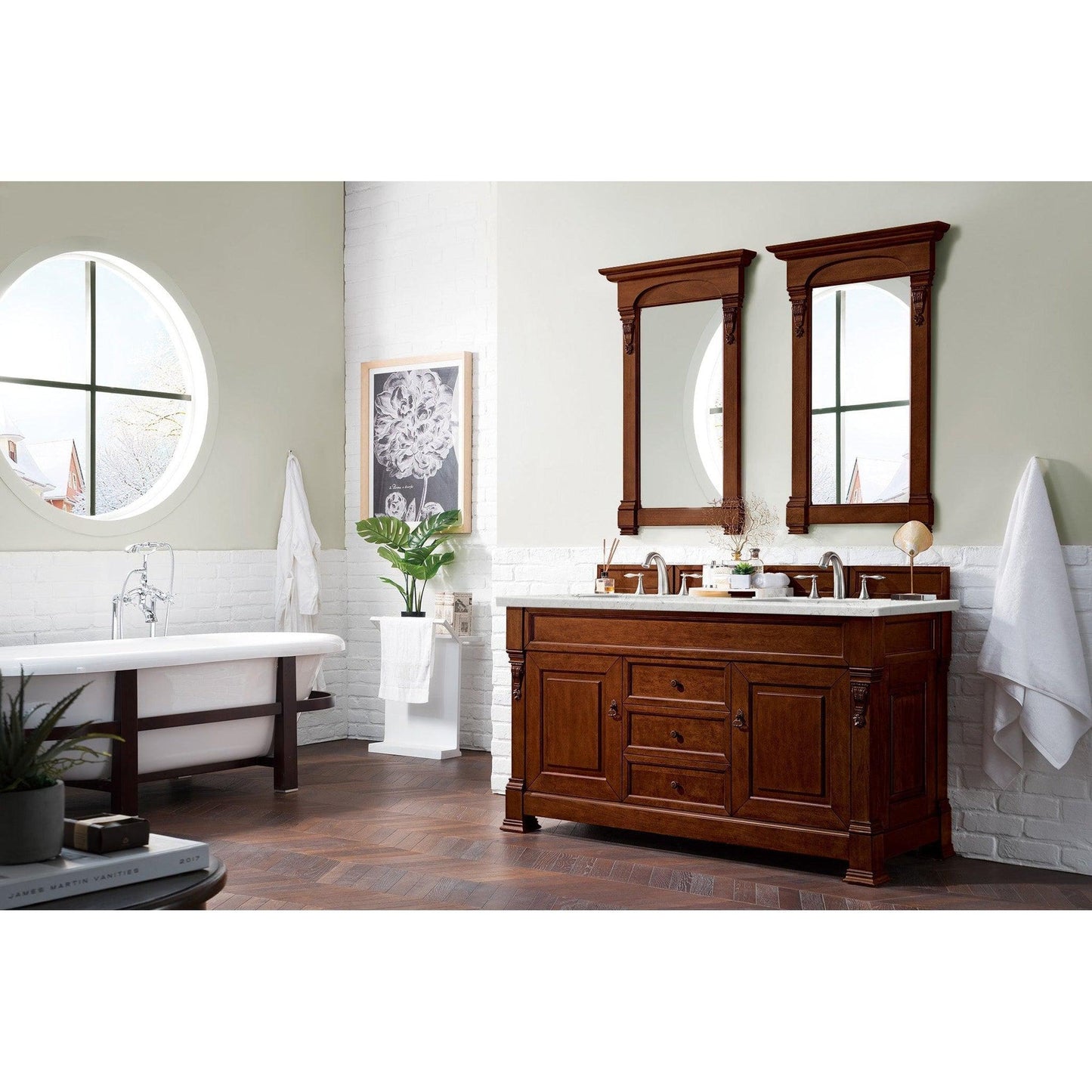 James Martin Vanities Brookfield 60" Warm Cherry Double Vanity With 3cm Eternal Jasmine Pearl Quartz Top