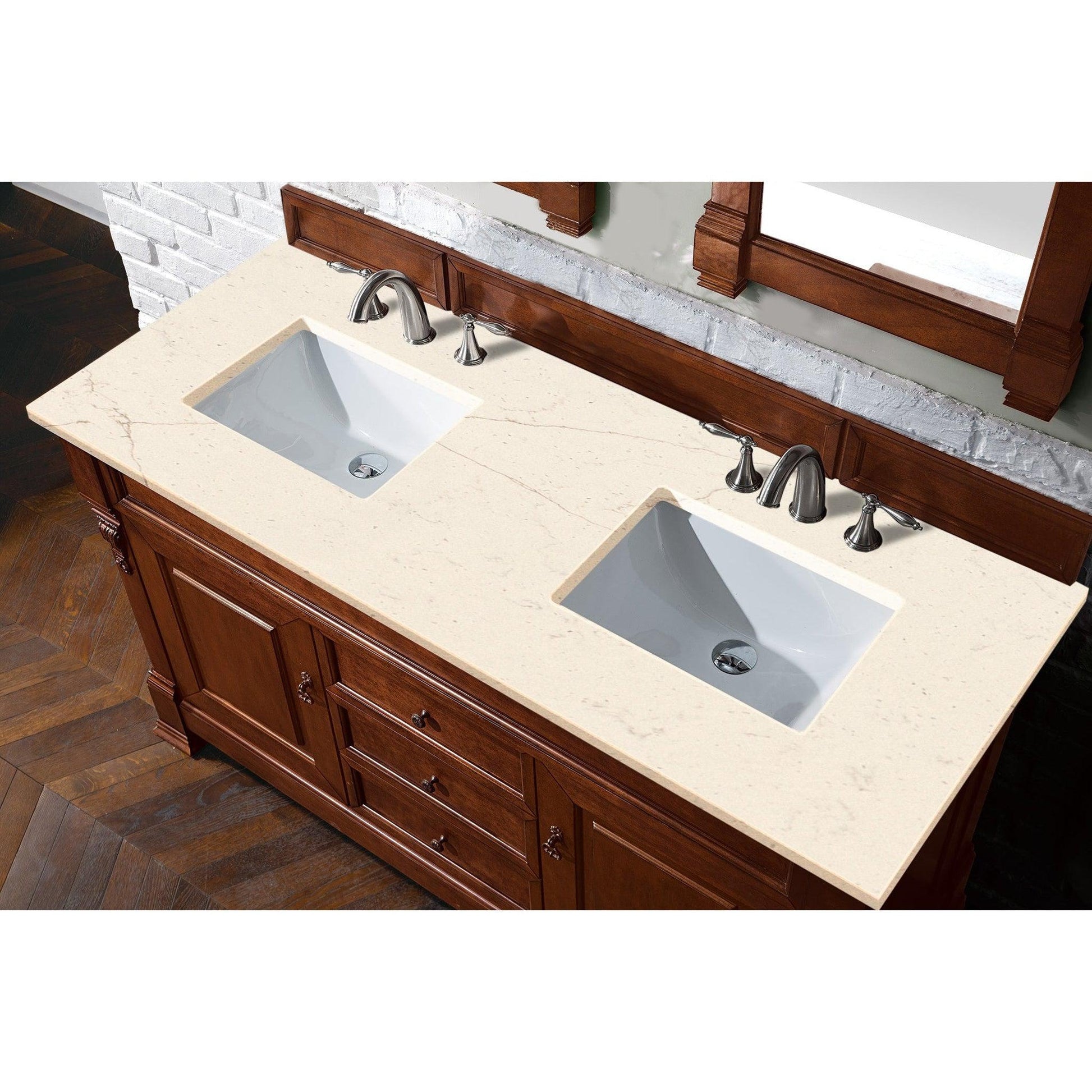 James Martin Vanities Brookfield 60" Warm Cherry Double Vanity With 3cm Eternal Marfil Quartz Top