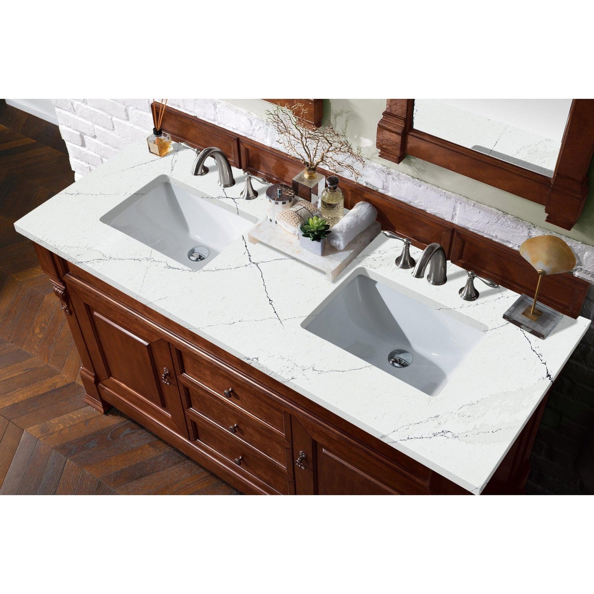 James Martin Vanities Brookfield 60" Warm Cherry Double Vanity With 3cm Ethereal Noctis Quartz Top