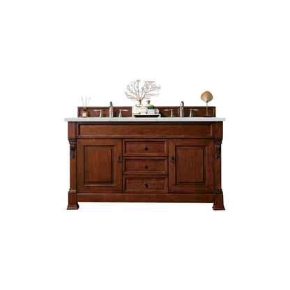 James Martin Vanities Brookfield 60" Warm Cherry Double Vanity With 3cm Ethereal Noctis Quartz Top