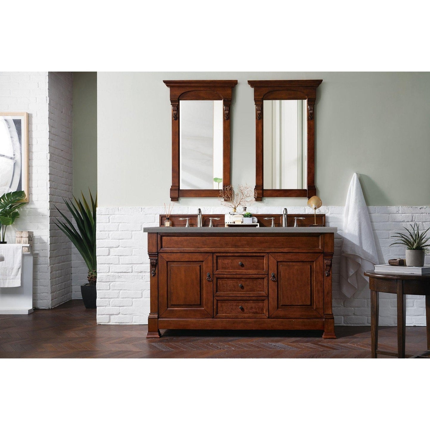 James Martin Vanities Brookfield 60" Warm Cherry Double Vanity With 3cm Grey Expo Quartz Top