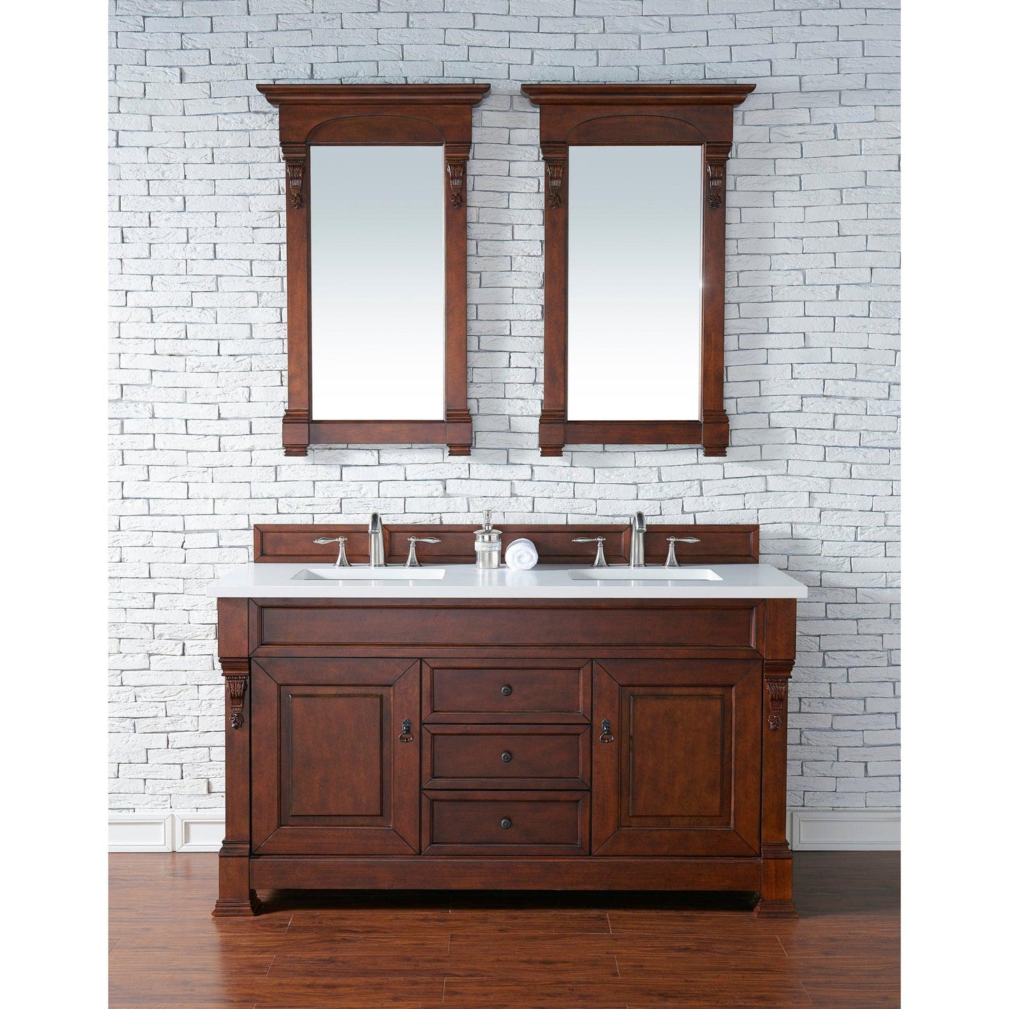 James Martin Vanities Brookfield 60" Warm Cherry Double Vanity With 3cm White Zeus Quartz Top