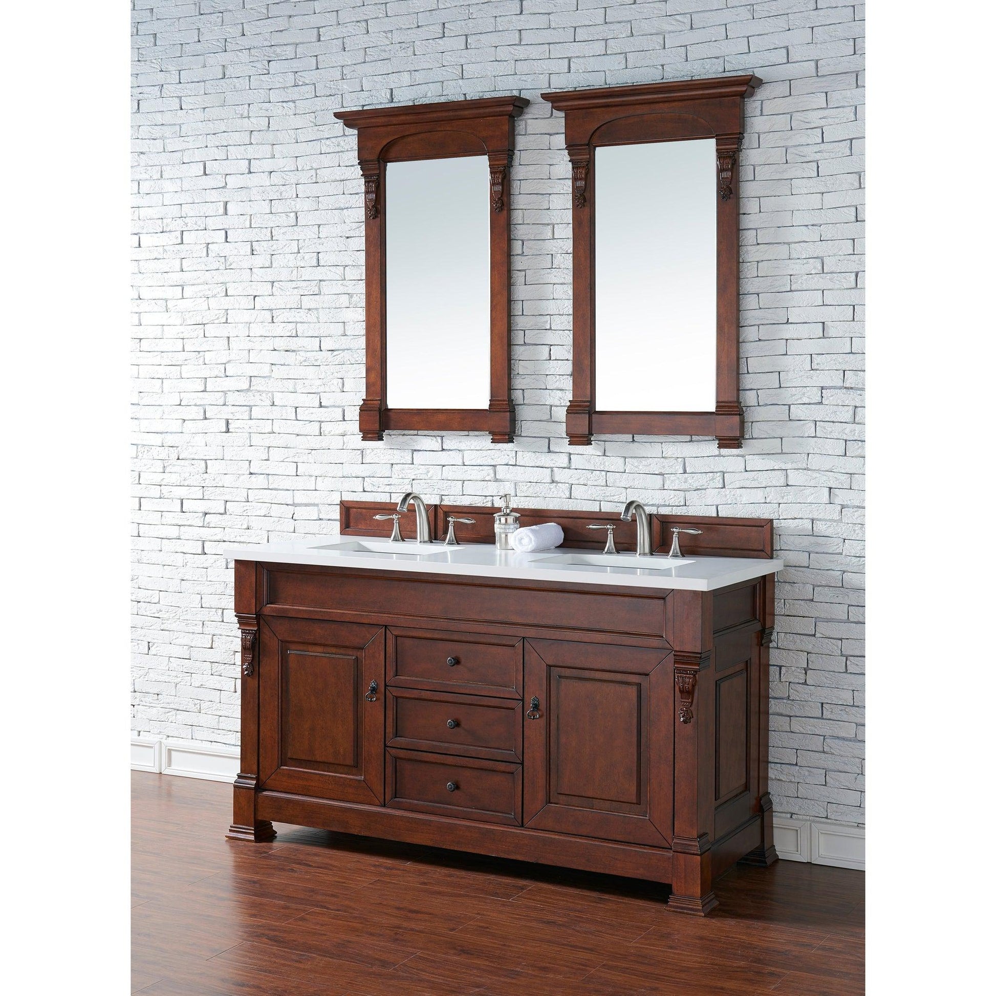 James Martin Vanities Brookfield 60" Warm Cherry Double Vanity With 3cm White Zeus Quartz Top