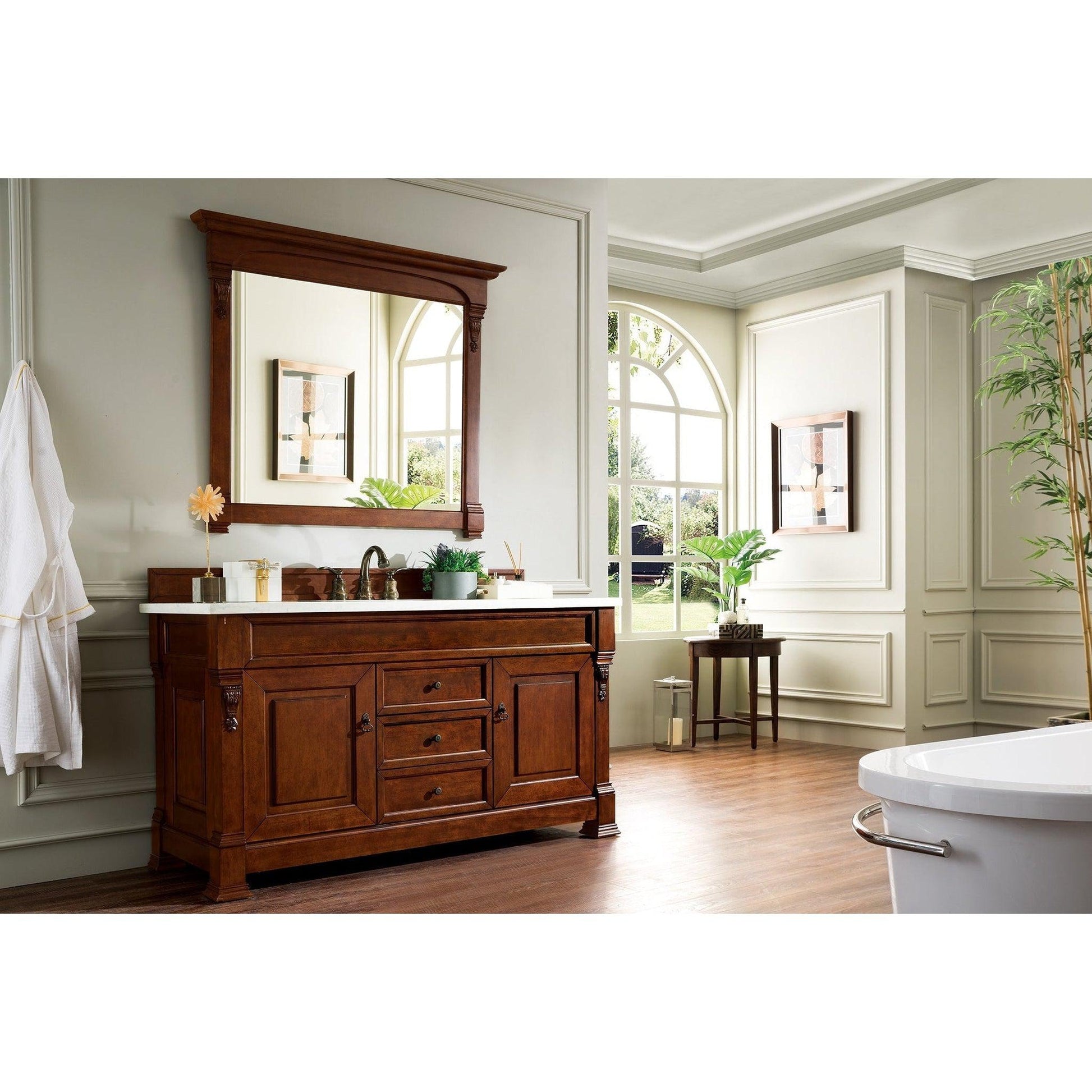 James Martin Vanities Brookfield 60" Warm Cherry Single Vanity With 3cm Arctic Fall Solid Surface Top