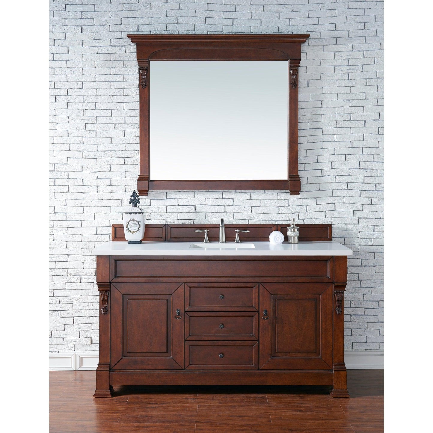 James Martin Vanities Brookfield 60" Warm Cherry Single Vanity With 3cm White Zeus Quartz Top