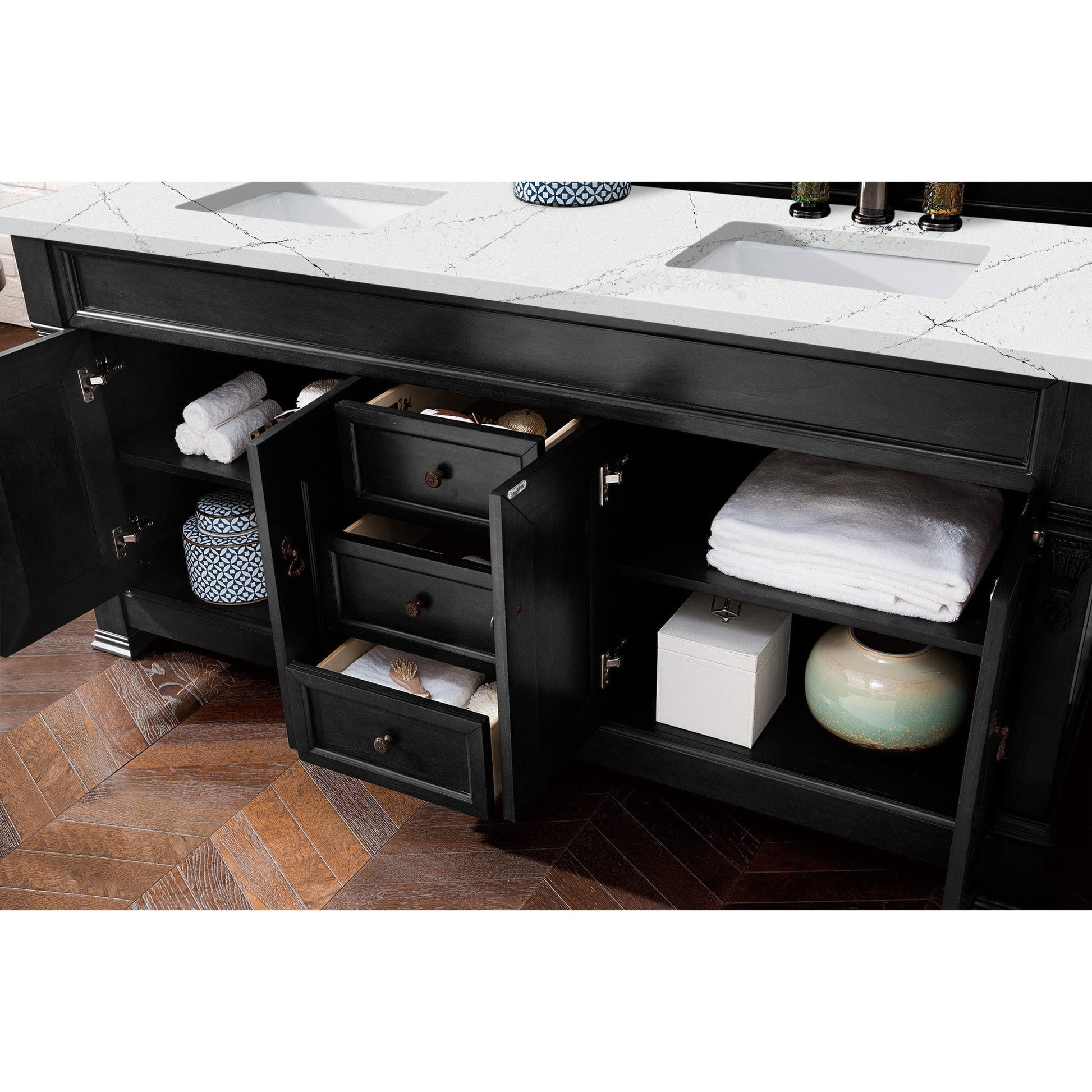 James Martin Vanities Brookfield 72" Antique Black Double Vanity With 3cm Ethereal Noctis Quartz Top