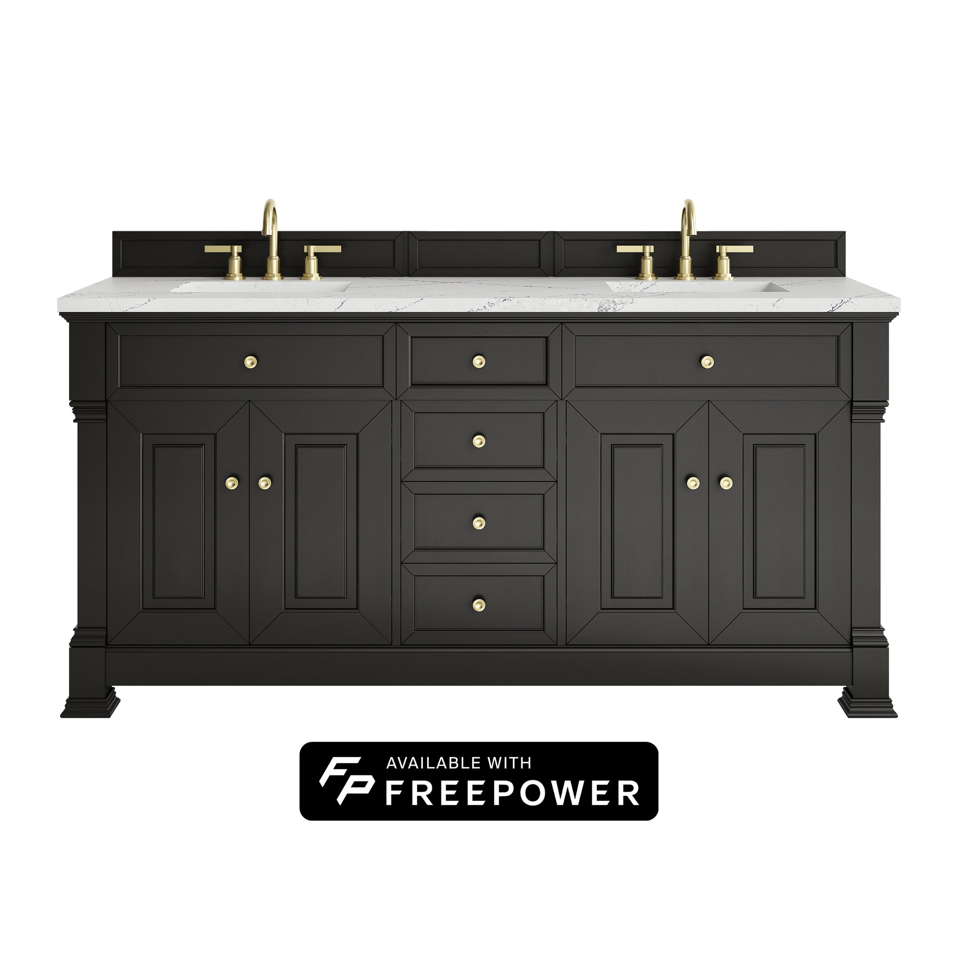 James Martin Vanities Brookfield 72" Black Onyx Double Vanity With 3cm Ethereal Noctis Silestone Top With FreePower Wireless Charger
