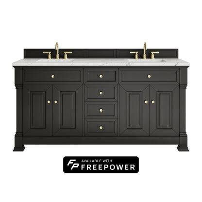 James Martin Vanities Brookfield 72" Black Onyx Double Vanity With 3cm Ethereal Noctis Silestone Top With FreePower Wireless Charger