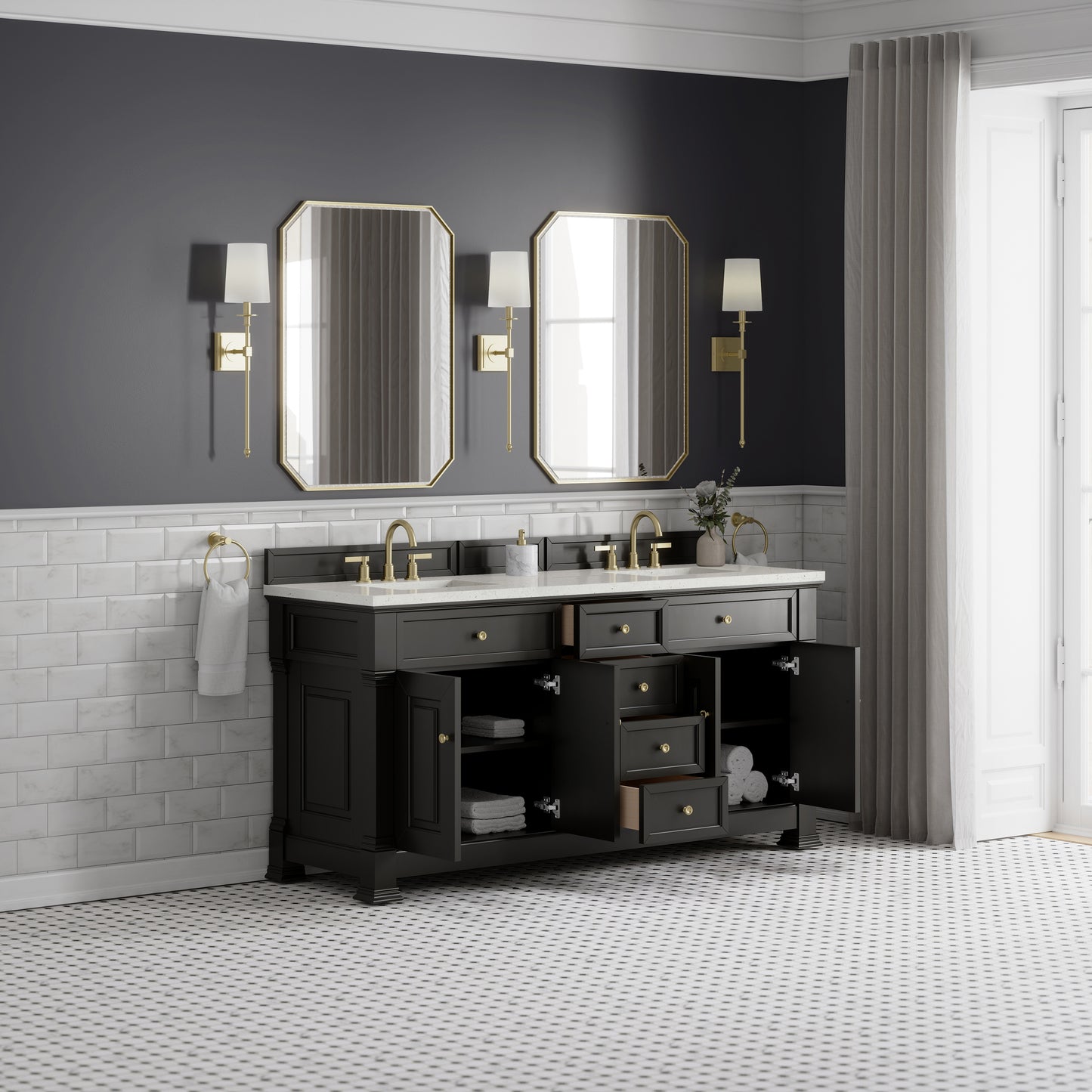 James Martin Vanities Brookfield 72" Black Onyx Double Vanity With 3cm Lime Delight Silestone Top