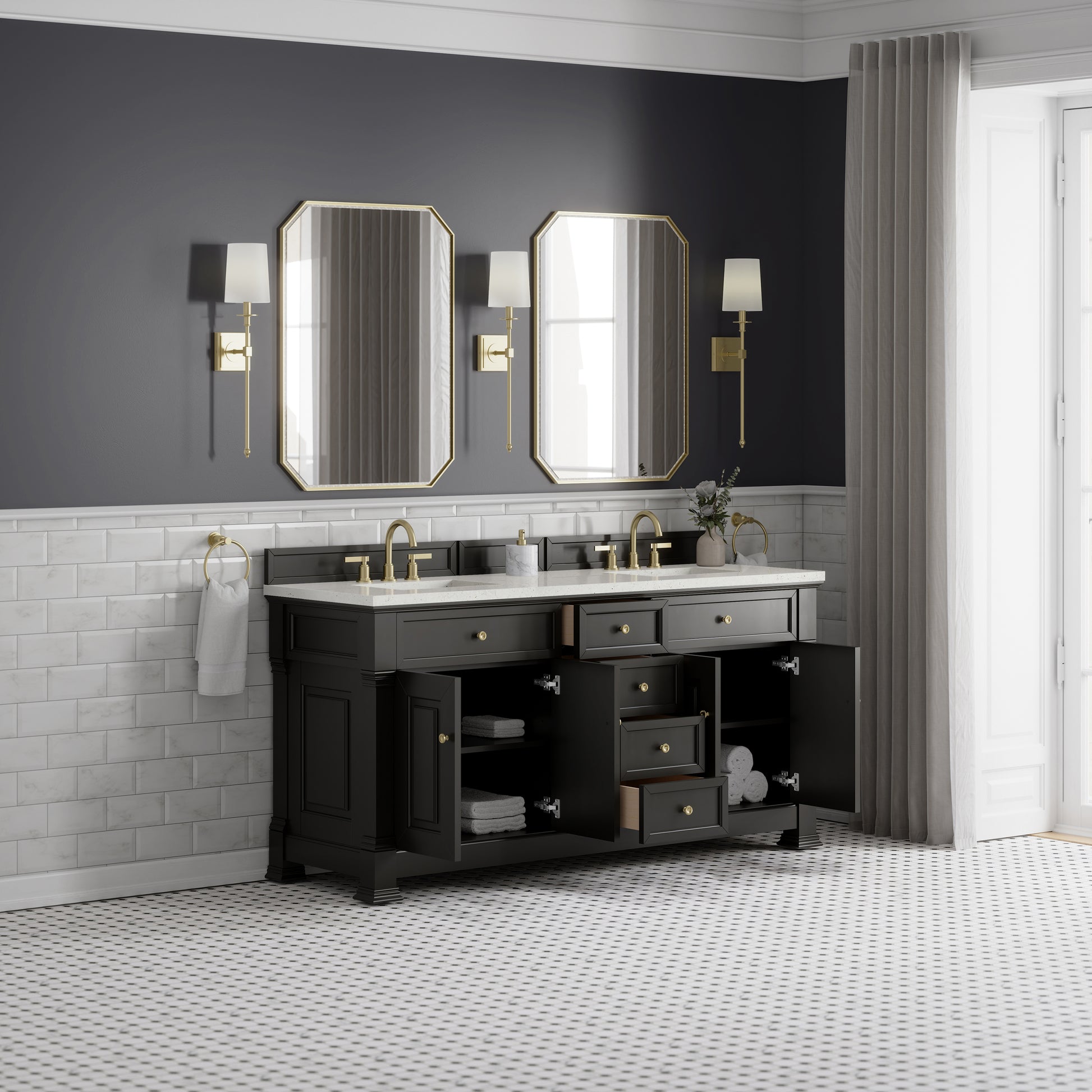 James Martin Vanities Brookfield 72" Black Onyx Double Vanity With 3cm Lime Delight Silestone Top