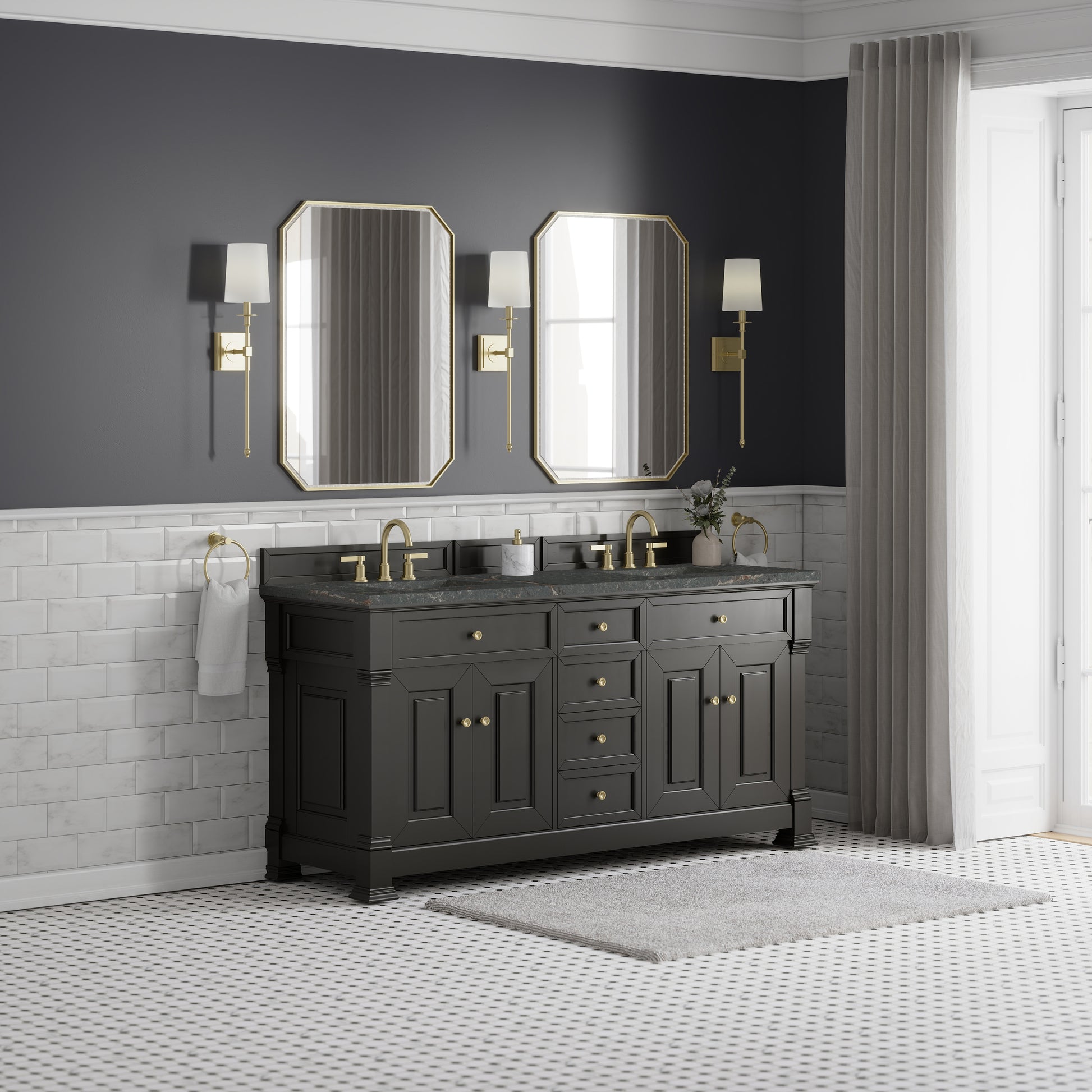 James Martin Vanities Brookfield 72" Black Onyx Double Vanity With 3cm Parisien Bleu Silestone Top