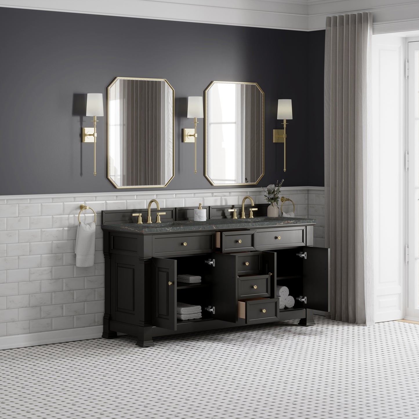 James Martin Vanities Brookfield 72" Black Onyx Double Vanity With 3cm Parisien Bleu Silestone Top