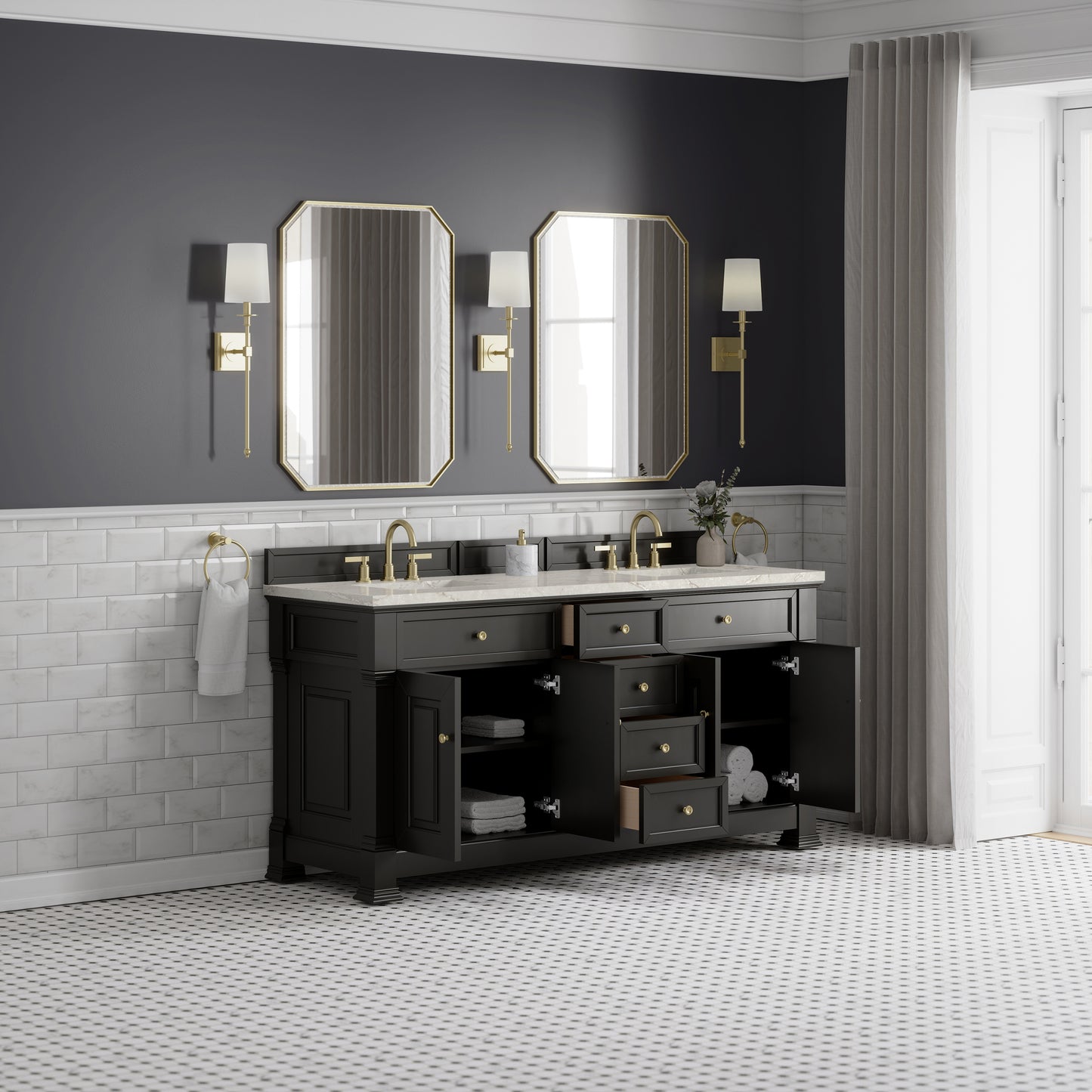 James Martin Vanities Brookfield 72" Black Onyx Double Vanity With 3cm Victorian Silver Silestone Top