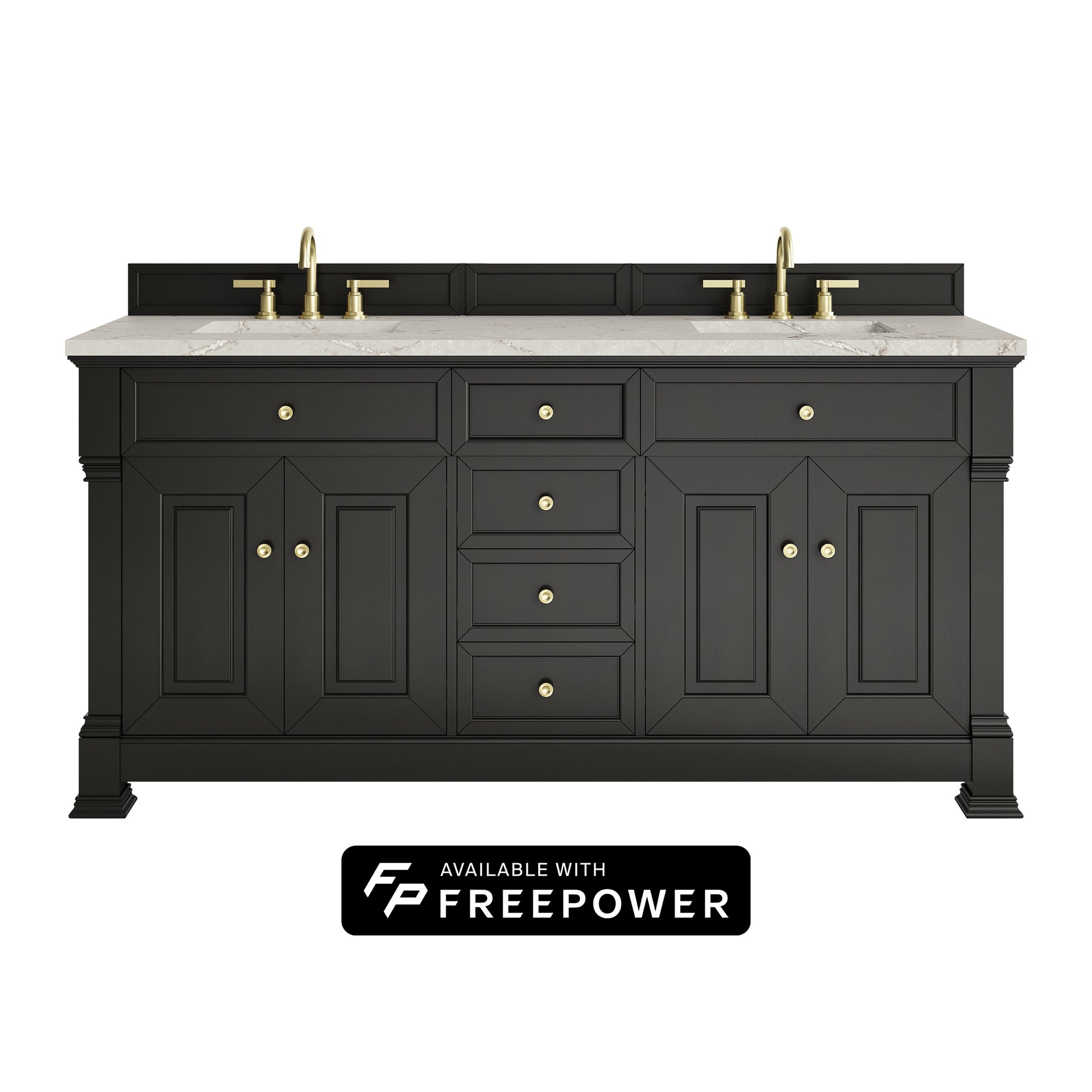 James Martin Vanities Brookfield 72" Black Onyx Double Vanity With 3cm Victorian Silver Silestone Top With FreePower Wireless Charger