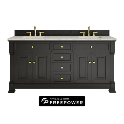 James Martin Vanities Brookfield 72" Black Onyx Double Vanity With 3cm Victorian Silver Silestone Top With FreePower Wireless Charger