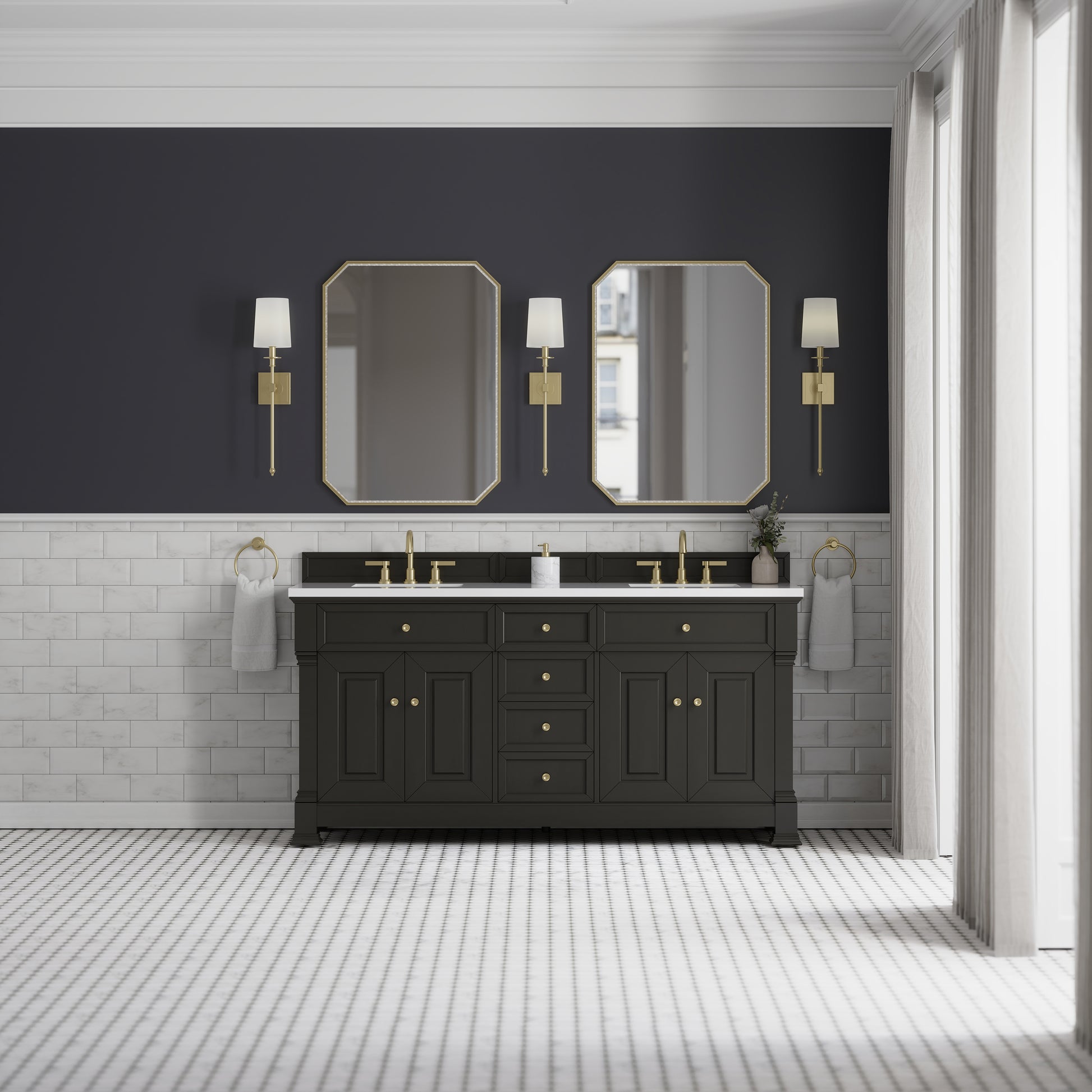 James Martin Vanities Brookfield 72" Black Onyx Double Vanity With 3cm White Zeus Silestone Top