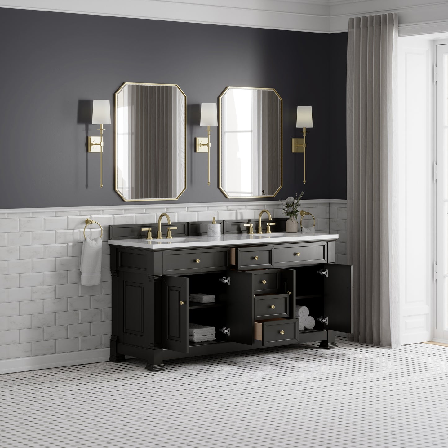 James Martin Vanities Brookfield 72" Black Onyx Double Vanity With 3cm White Zeus Silestone Top