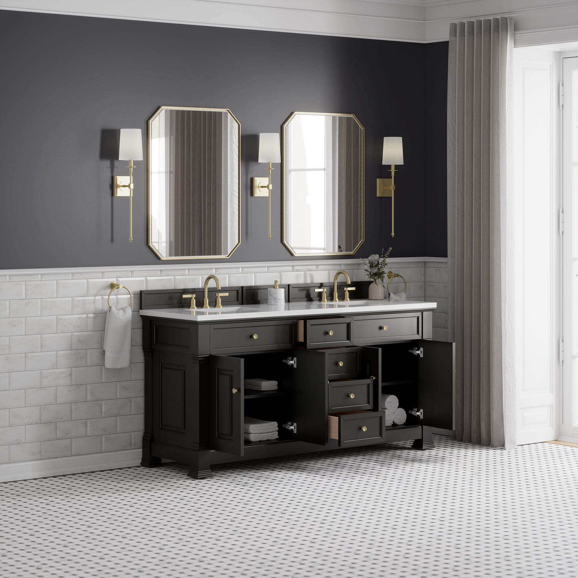 James Martin Vanities Brookfield 72" Black Onyx Double Vanity With 3cm White Zeus Silestone Top