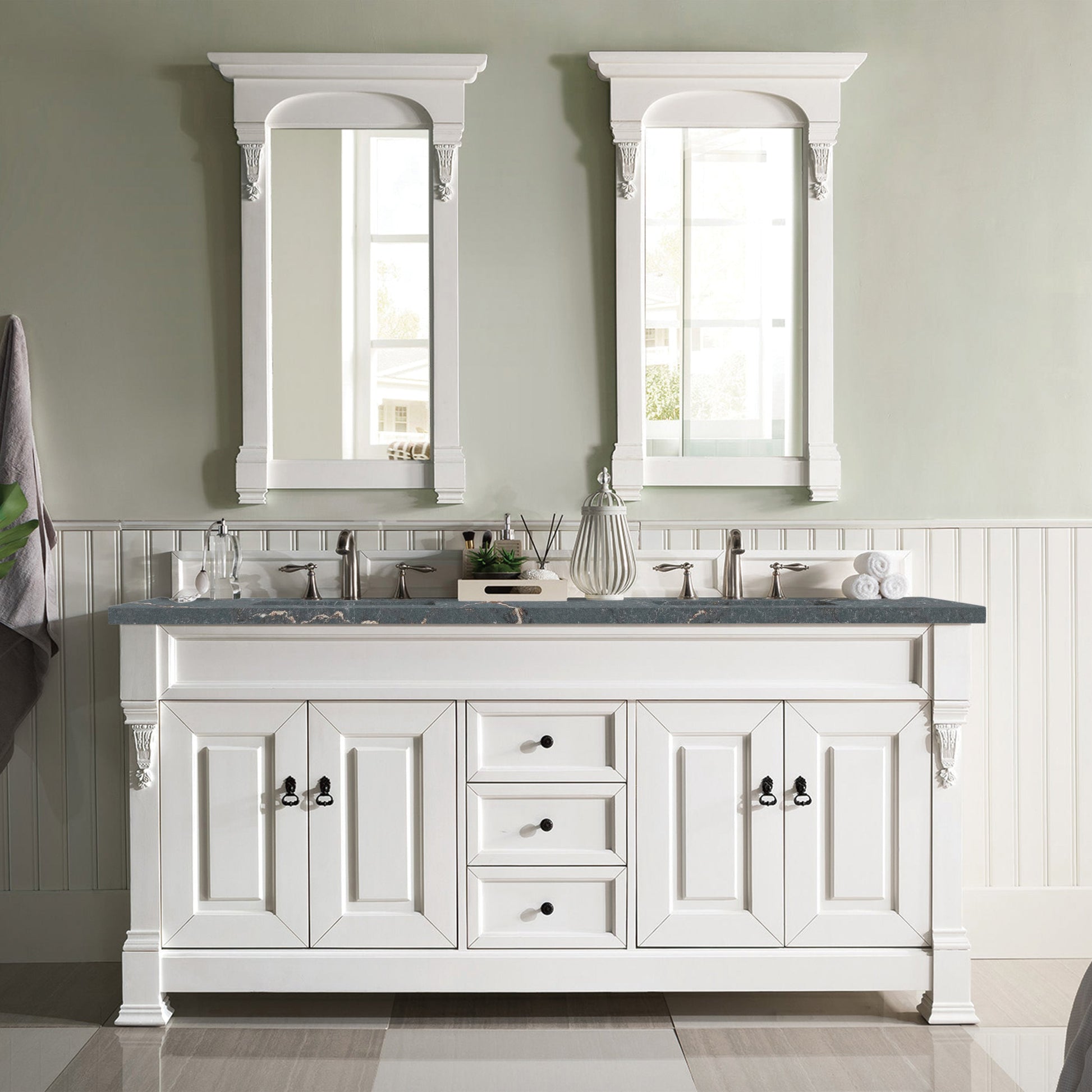 James Martin Vanities Brookfield 72" Bright White Double Vanity With 3 cm Parisien Bleu Quartz Top