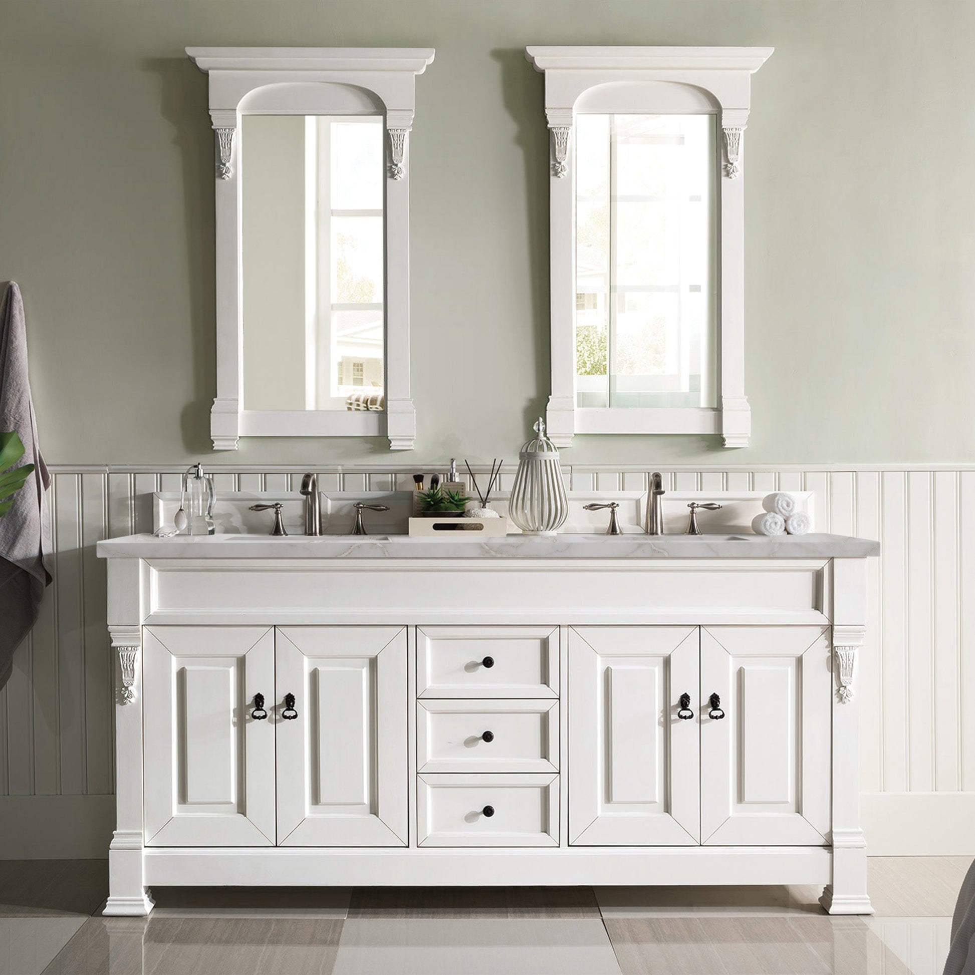 James Martin Vanities Brookfield 72" Bright White Double Vanity With 3 cm Victorian Silver Quartz Top