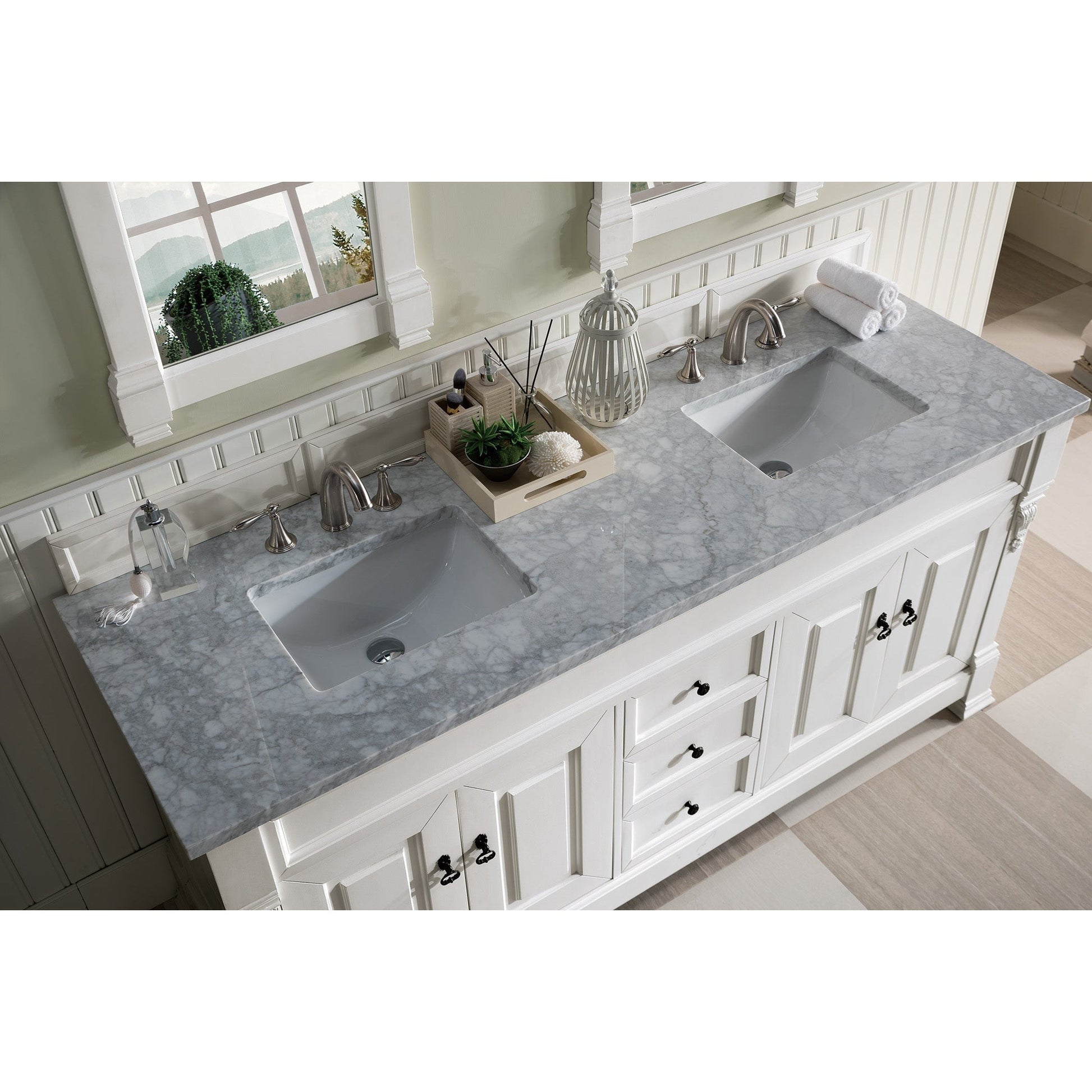 James Martin Vanities Brookfield 72" Bright White Double Vanity With 3cm Carrara Marble Top