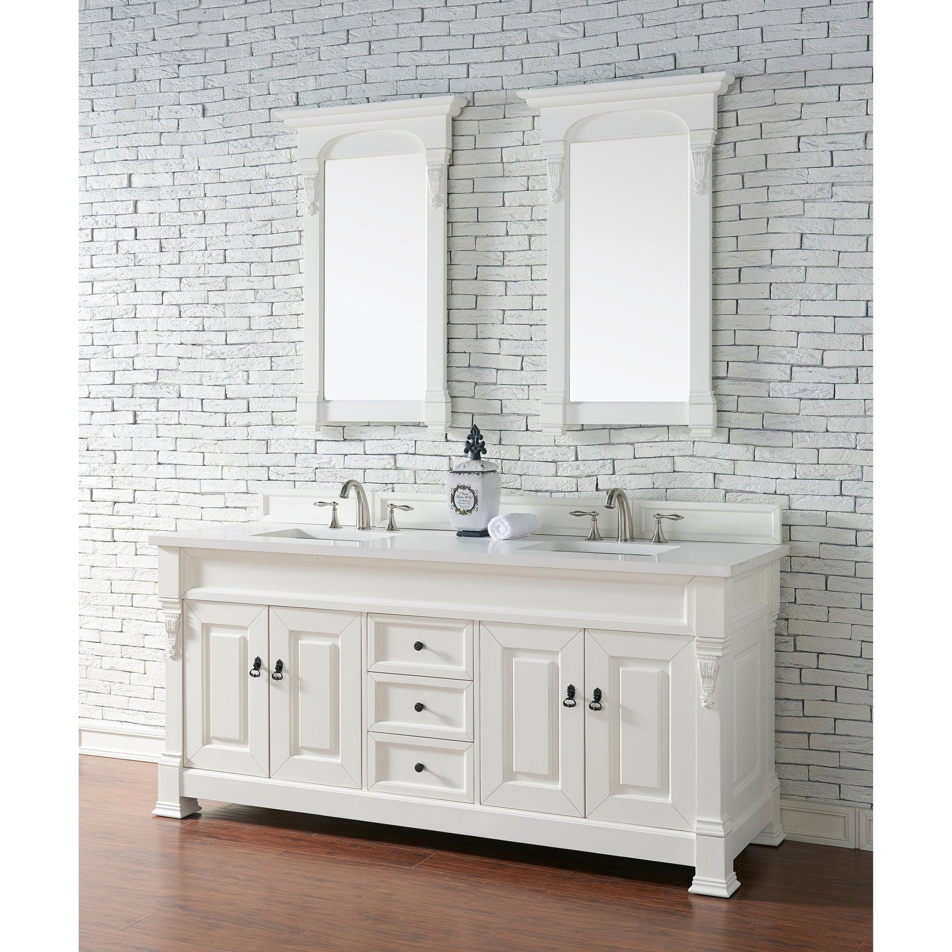 James Martin Vanities Brookfield 72" Bright White Double Vanity With 3cm White Zeus Quartz Top