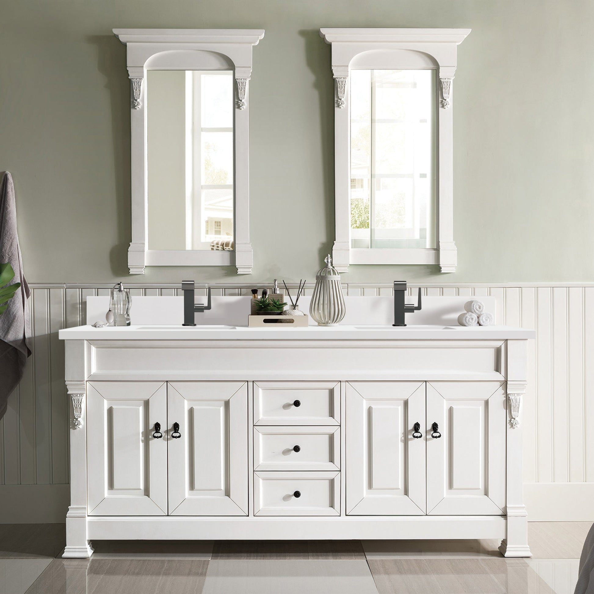 James Martin Vanities Brookfield 72" Bright White Double Vanity With Single Hole 3 cm White Zeus Quartz Top & Backsplash