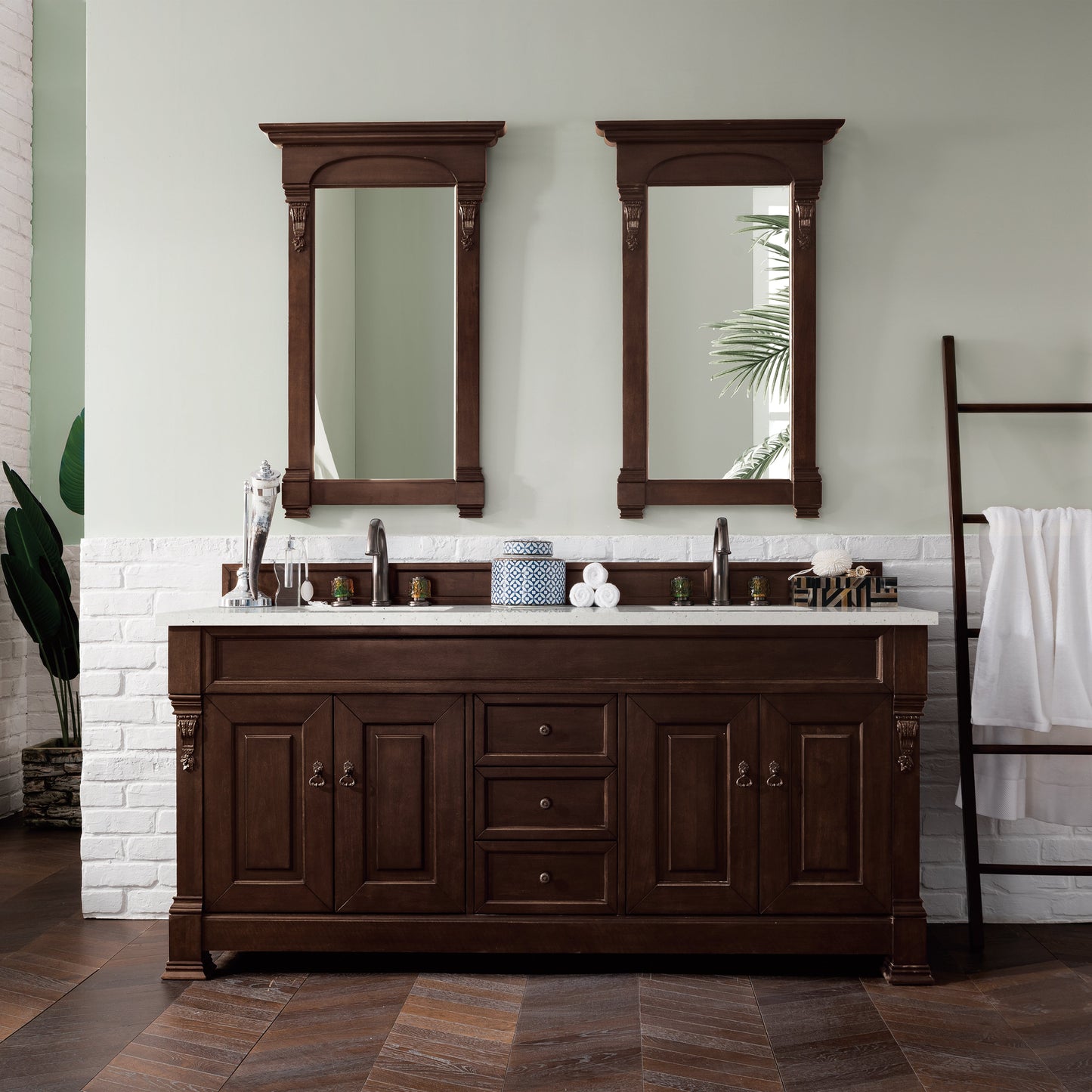 James Martin Vanities Brookfield 72" Burnished Mahogany Double Vanity With 3 cm Lime Delight Quartz Top