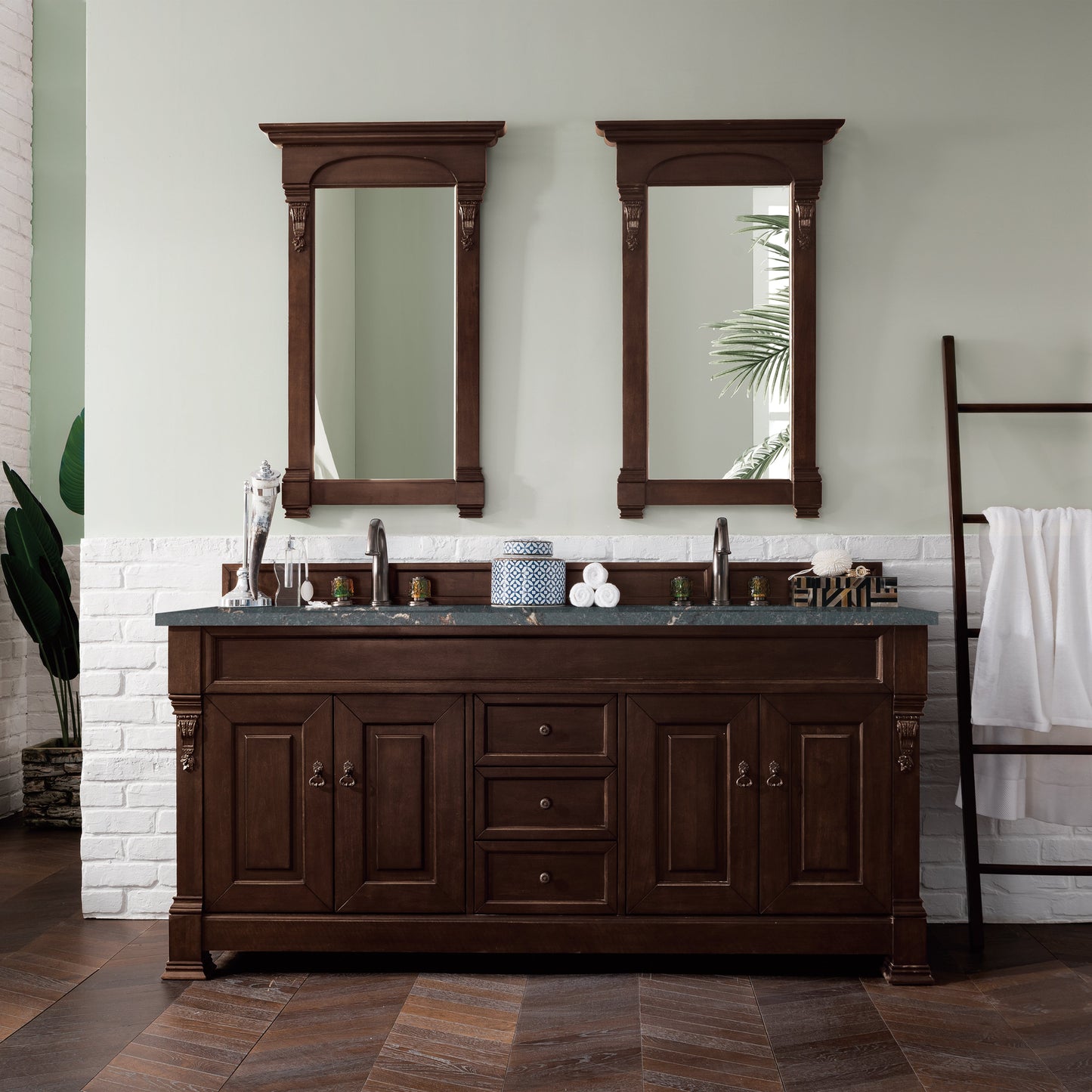 James Martin Vanities Brookfield 72" Burnished Mahogany Double Vanity With 3 cm Parisien Bleu Quartz Top