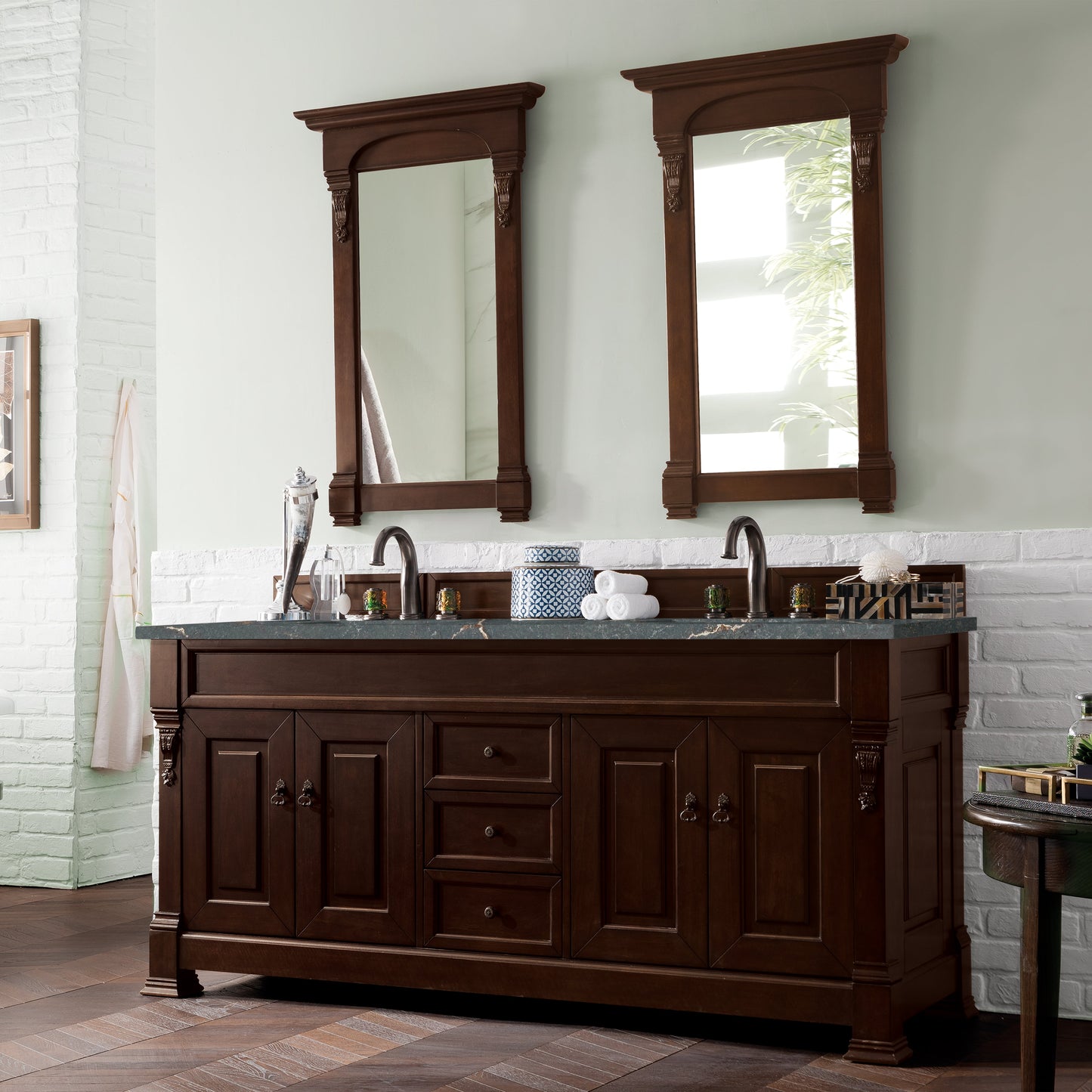 James Martin Vanities Brookfield 72" Burnished Mahogany Double Vanity With 3 cm Parisien Bleu Quartz Top