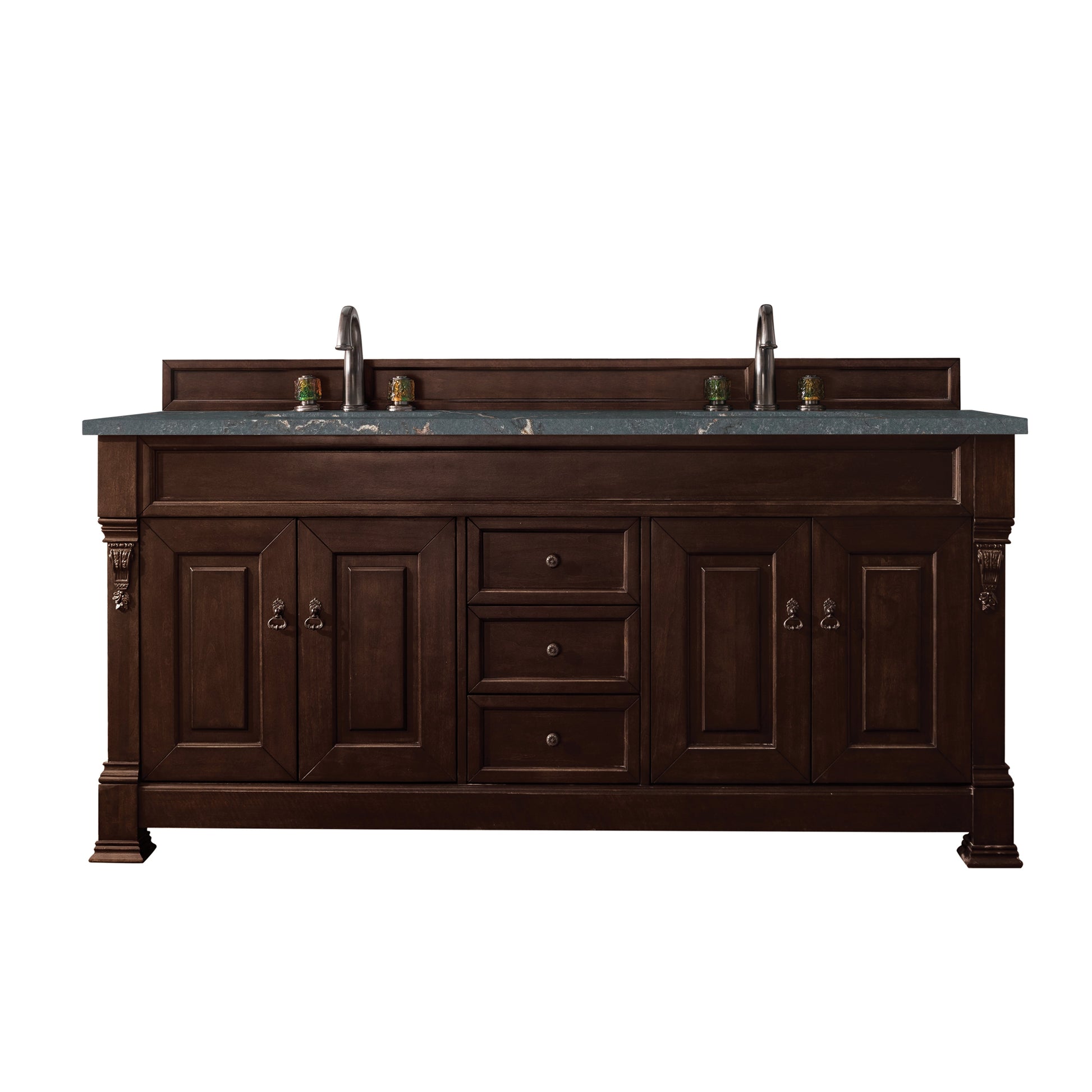 James Martin Vanities Brookfield 72" Burnished Mahogany Double Vanity With 3 cm Parisien Bleu Quartz Top