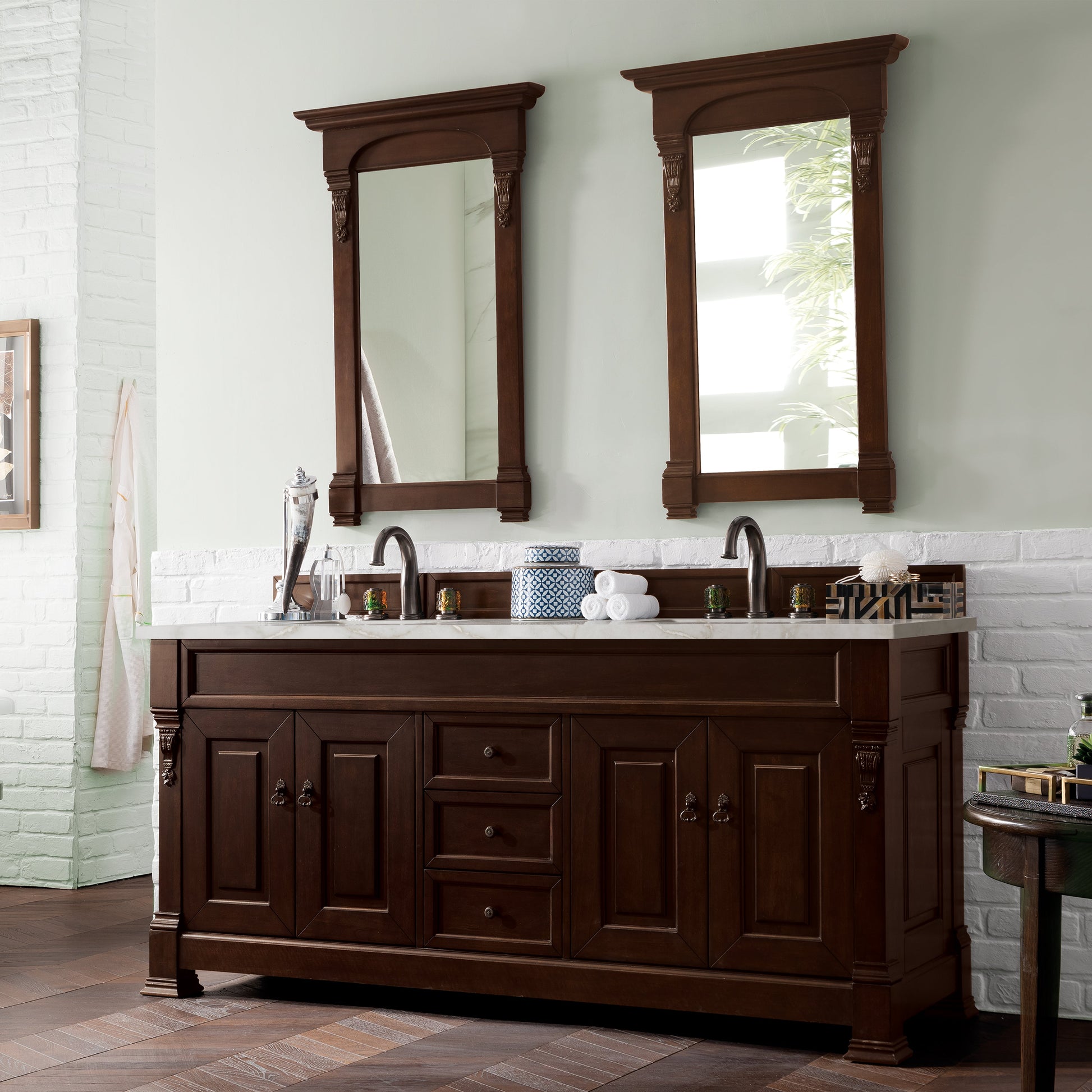 James Martin Vanities Brookfield 72" Burnished Mahogany Double Vanity With 3 cm Victorian Silver Quartz Top