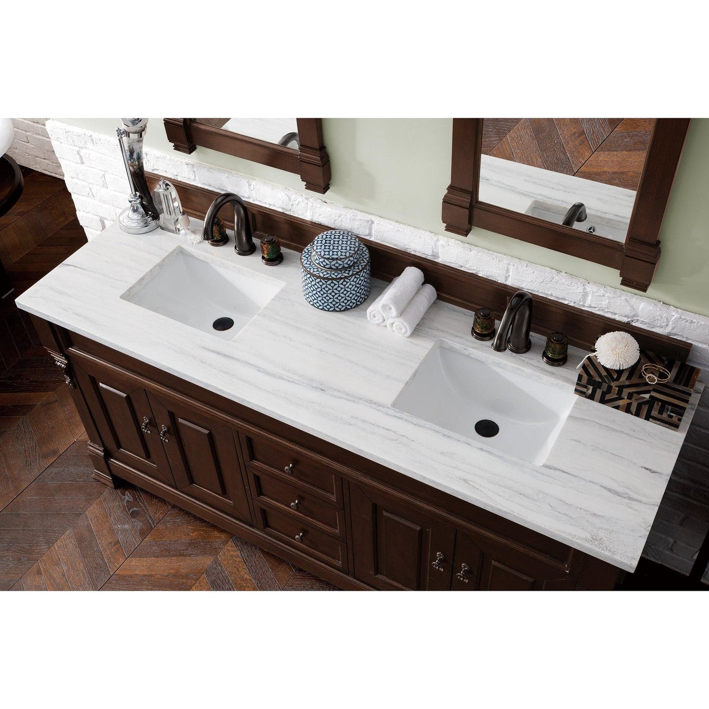 James Martin Vanities Brookfield 72" Burnished Mahogany Double Vanity With 3cm Arctic Fall Solid Surface Top