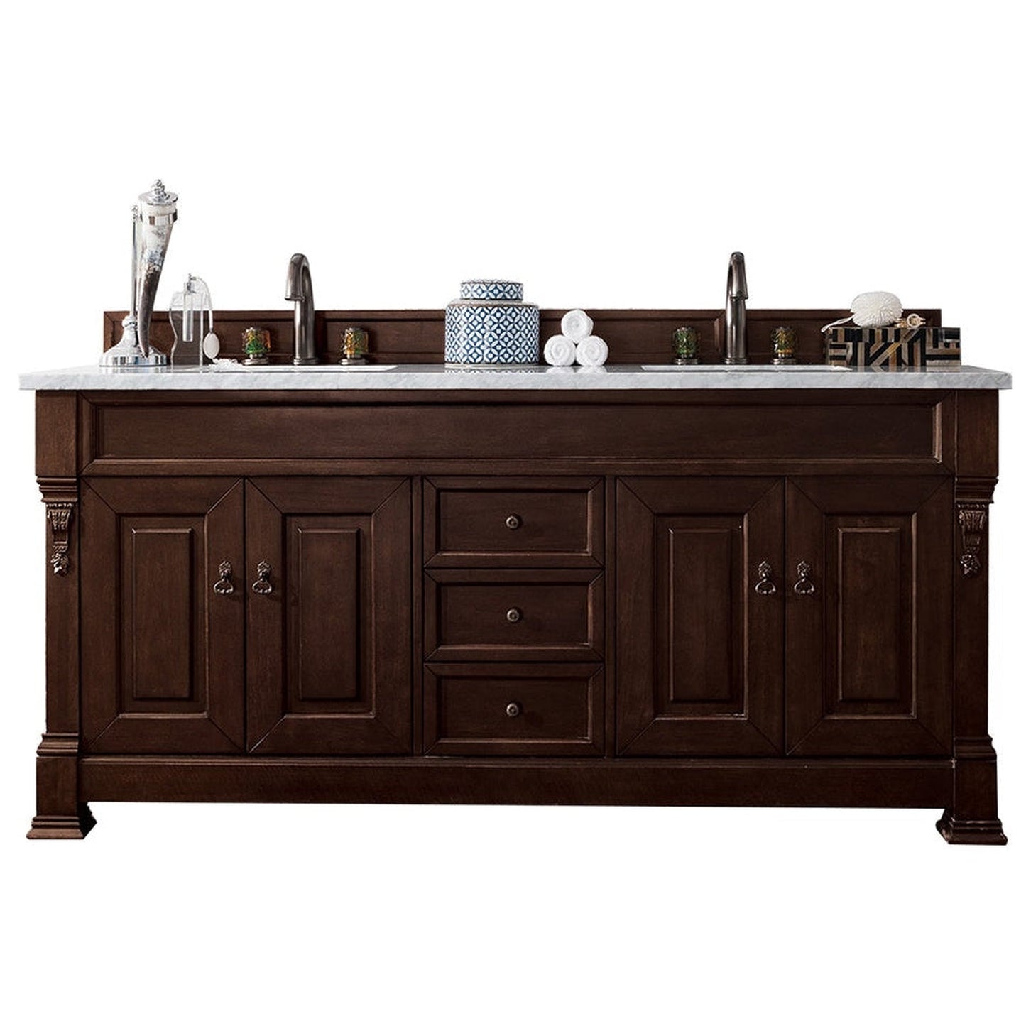 James Martin Vanities Brookfield 72" Burnished Mahogany Double Vanity With 3cm Arctic Fall Solid Surface Top