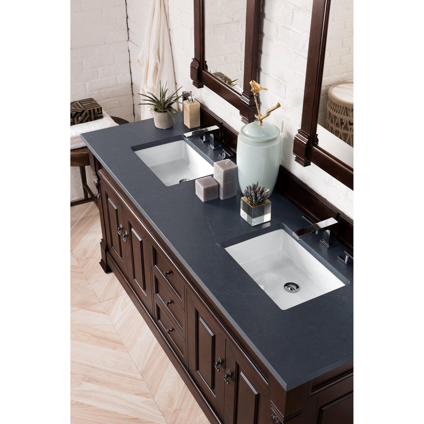 James Martin Vanities Brookfield 72" Burnished Mahogany Double Vanity With 3cm Charcoal Soapstone Quartz Top