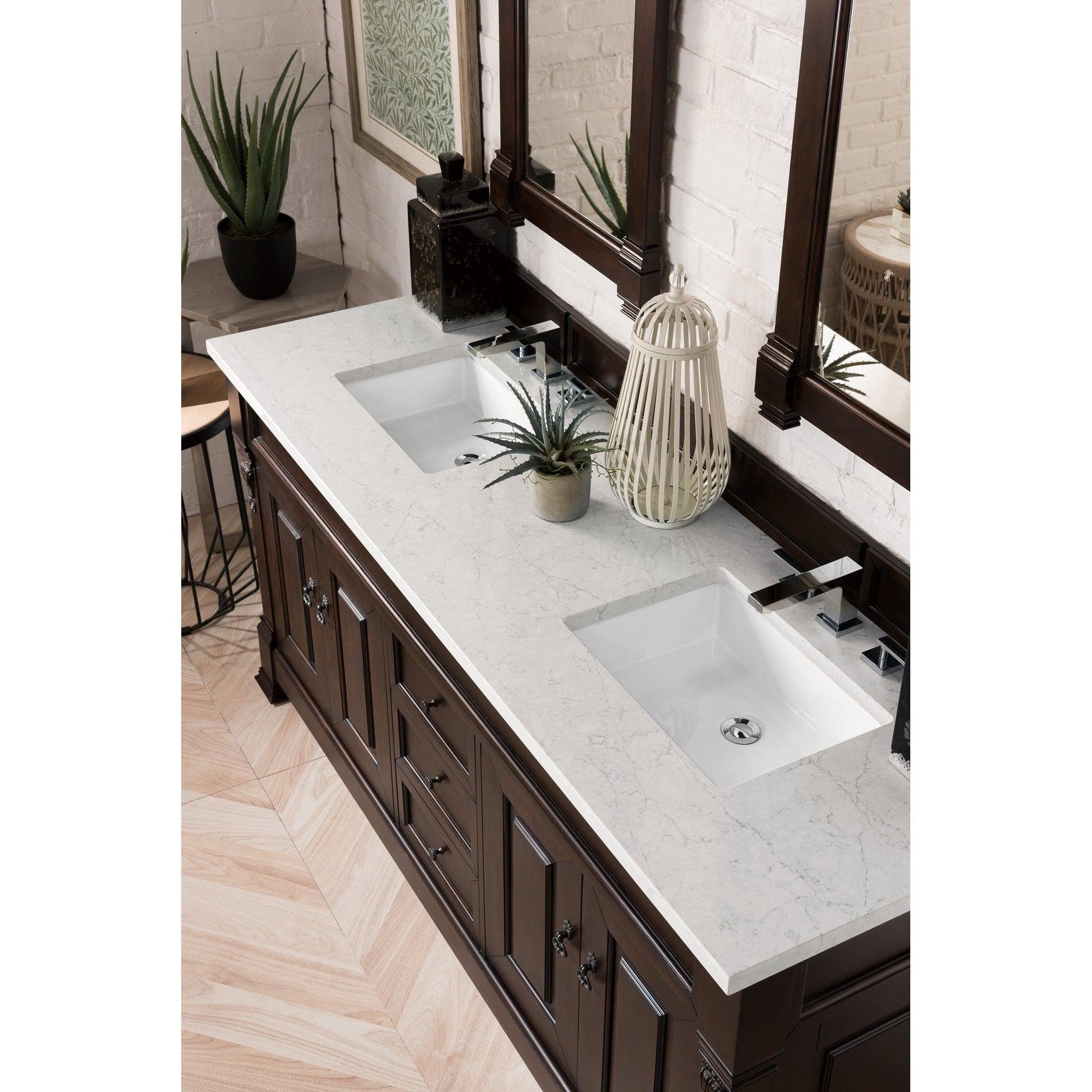 James Martin Vanities Brookfield 72" Burnished Mahogany Double Vanity With 3cm Eternal Jasmine Pearl Quartz Top