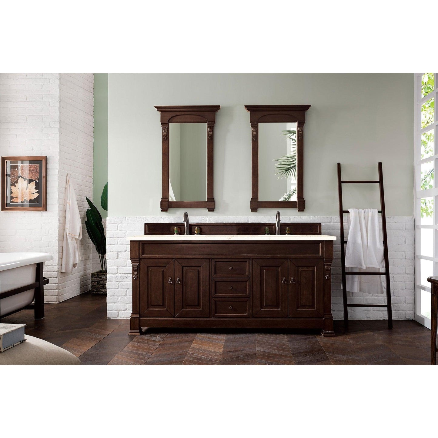 James Martin Vanities Brookfield 72" Burnished Mahogany Double Vanity With 3cm Eternal Marfil Quartz Top