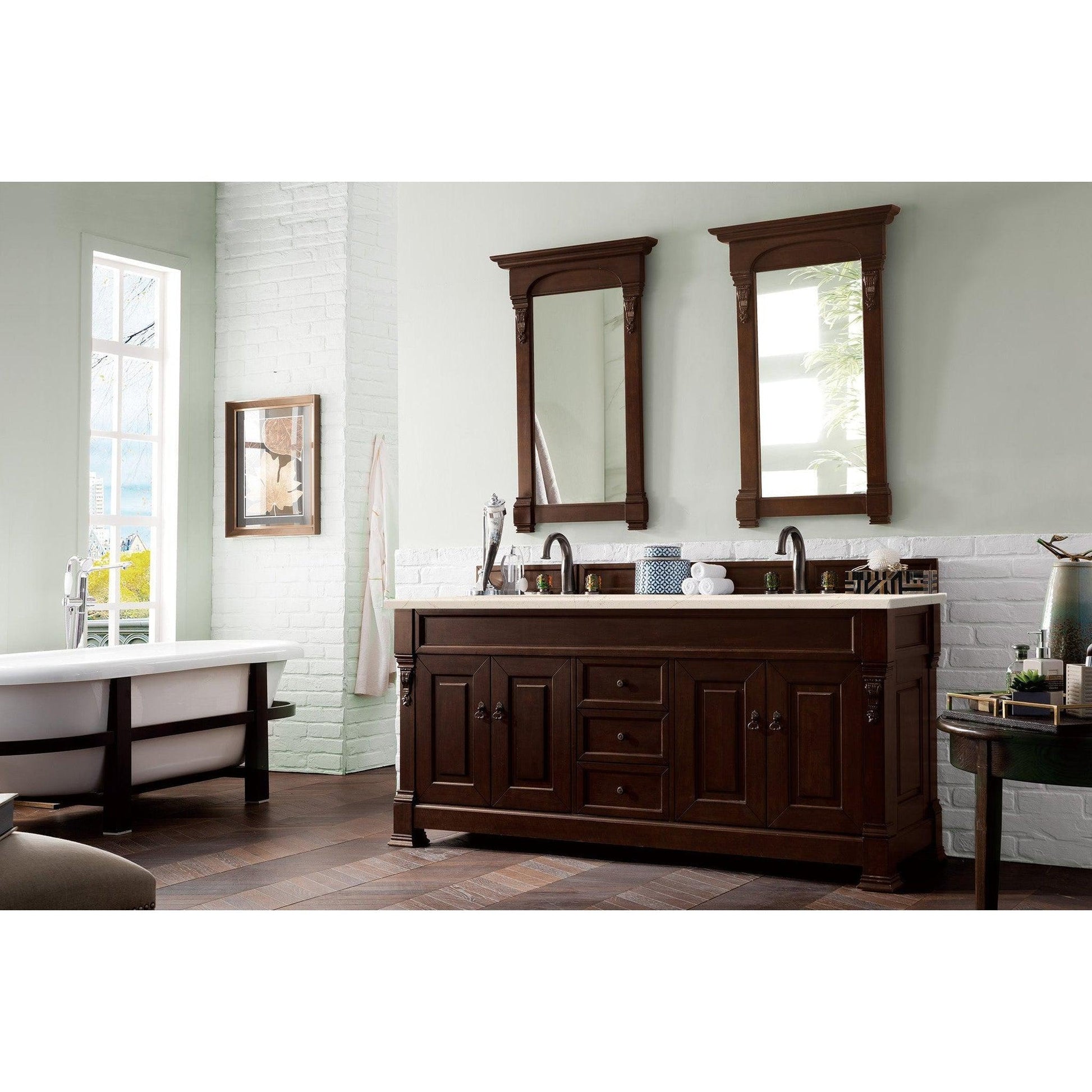 James Martin Vanities Brookfield 72" Burnished Mahogany Double Vanity With 3cm Eternal Marfil Quartz Top