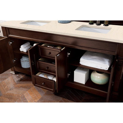 James Martin Vanities Brookfield 72" Burnished Mahogany Double Vanity With 3cm Eternal Marfil Quartz Top