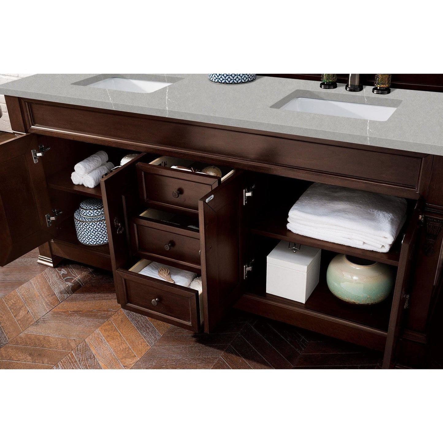 James Martin Vanities Brookfield 72" Burnished Mahogany Double Vanity With 3cm Eternal Serena Quartz Top