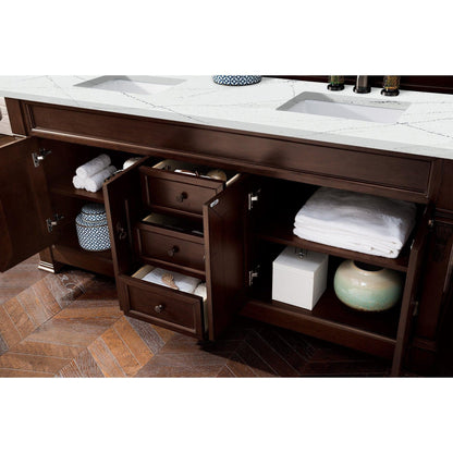 James Martin Vanities Brookfield 72" Burnished Mahogany Double Vanity With 3cm Ethereal Noctis Quartz Top