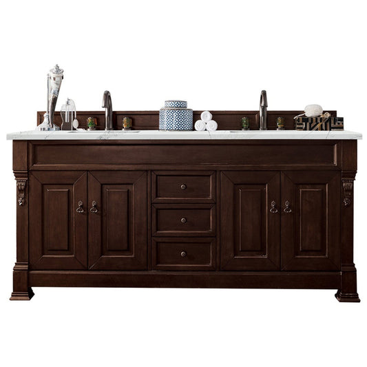 James Martin Vanities Brookfield 72" Burnished Mahogany Double Vanity With 3cm Ethereal Noctis Quartz Top